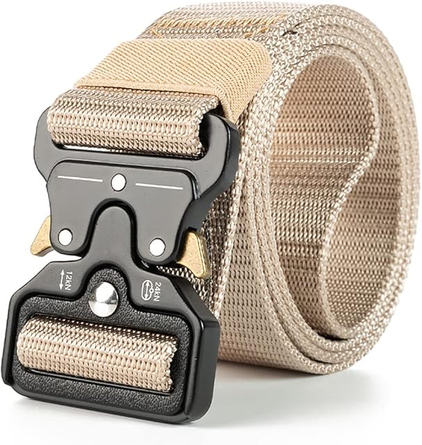 BAAD Cinto de nylon masculino, cintos táticos militares, cinto de lona respirável com fivela de liga de zinco 130cm Ajustável (Cáqui claro)