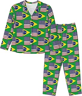 American flag and Brazilian flag Women Leisure Pajama Set Button Nightshirt Match Long Pants