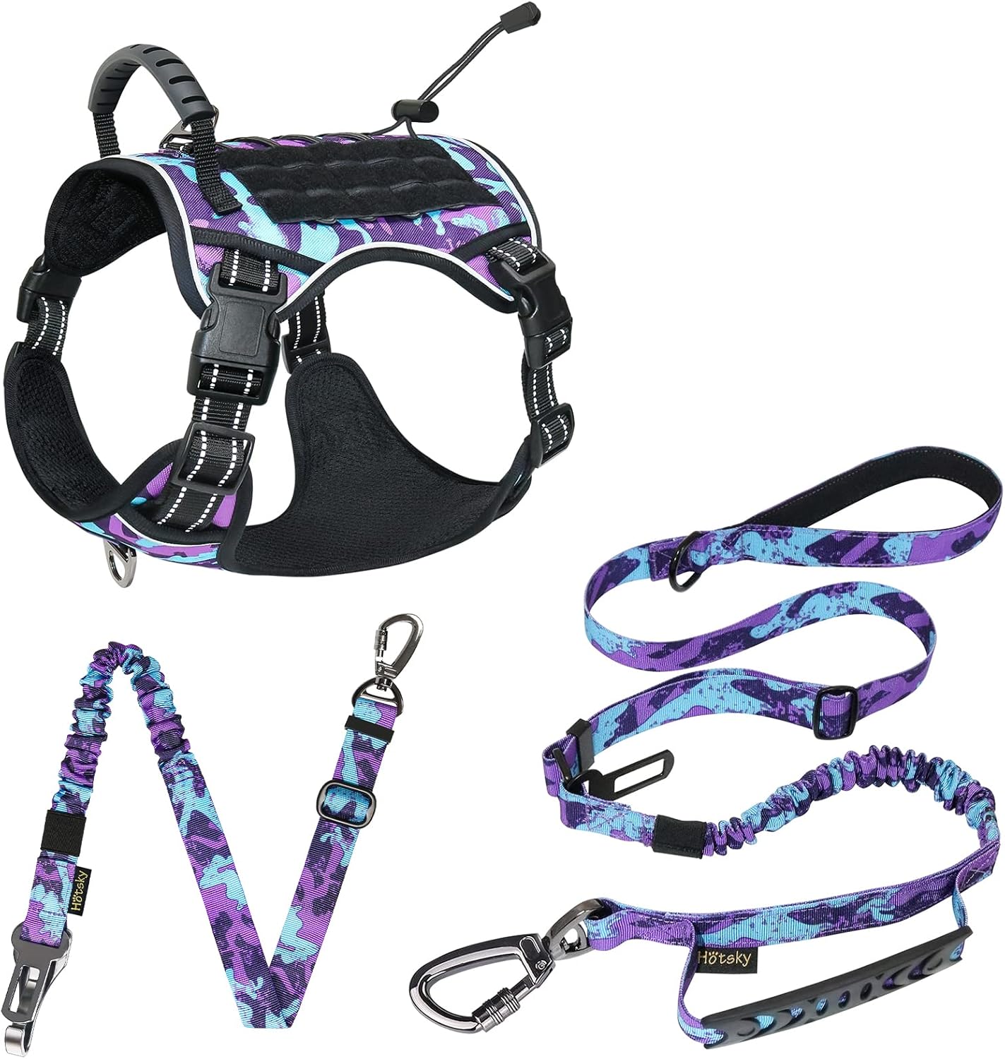 Hotsky Tactical Dog Harness and Leash for Medium Dogs No Pull, Adjustable Reflective Military Dog Vest Harness with Control Handle Molle System for Dogs Training Walking(Purple Camo, L)