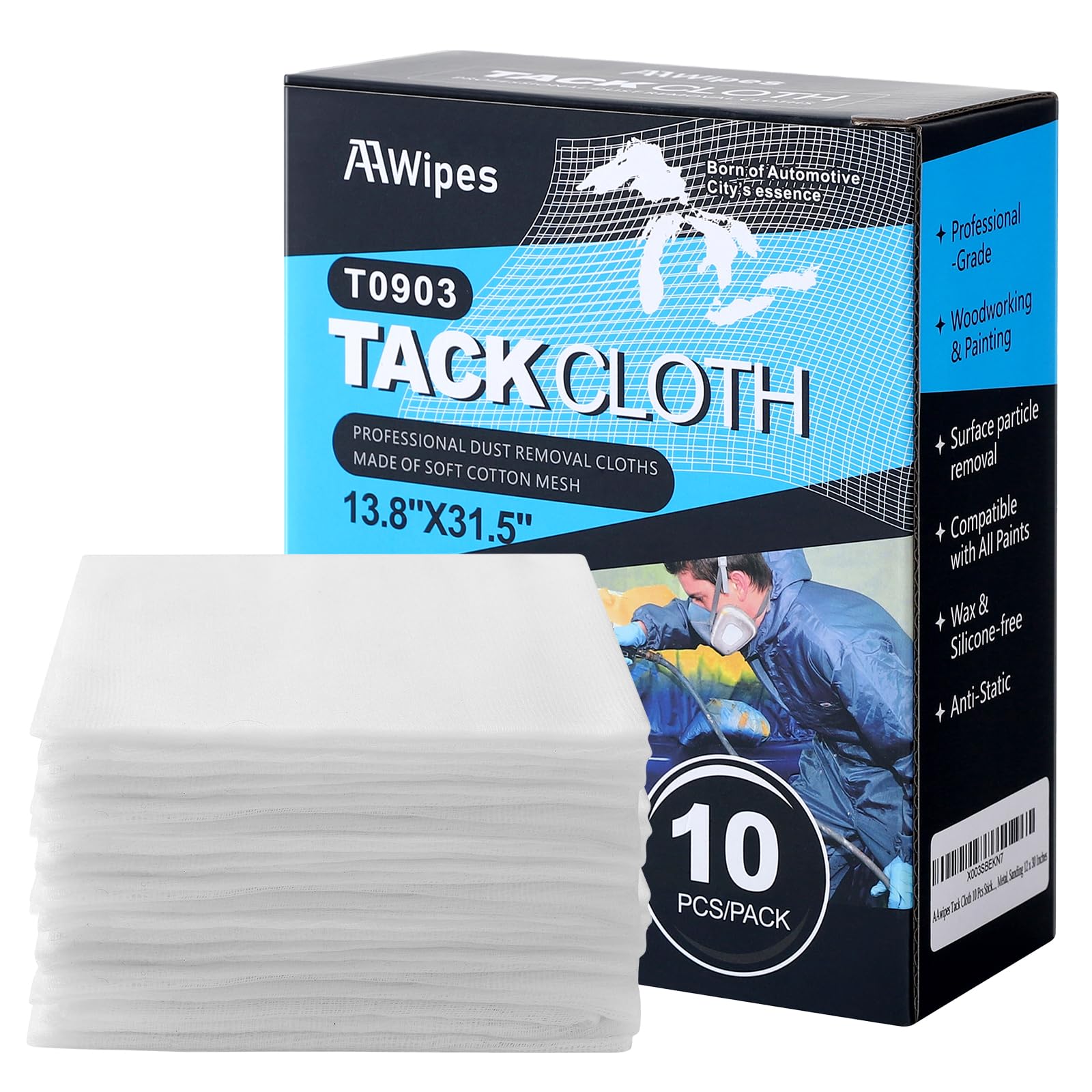 AAwipes Tack Cloth for Painting (White, 13.8"x31.5", 10 Pcs) Tac Cloths for Removing Dust, Tack Rags for Woodworking, Staining, Automotive, Painting,
