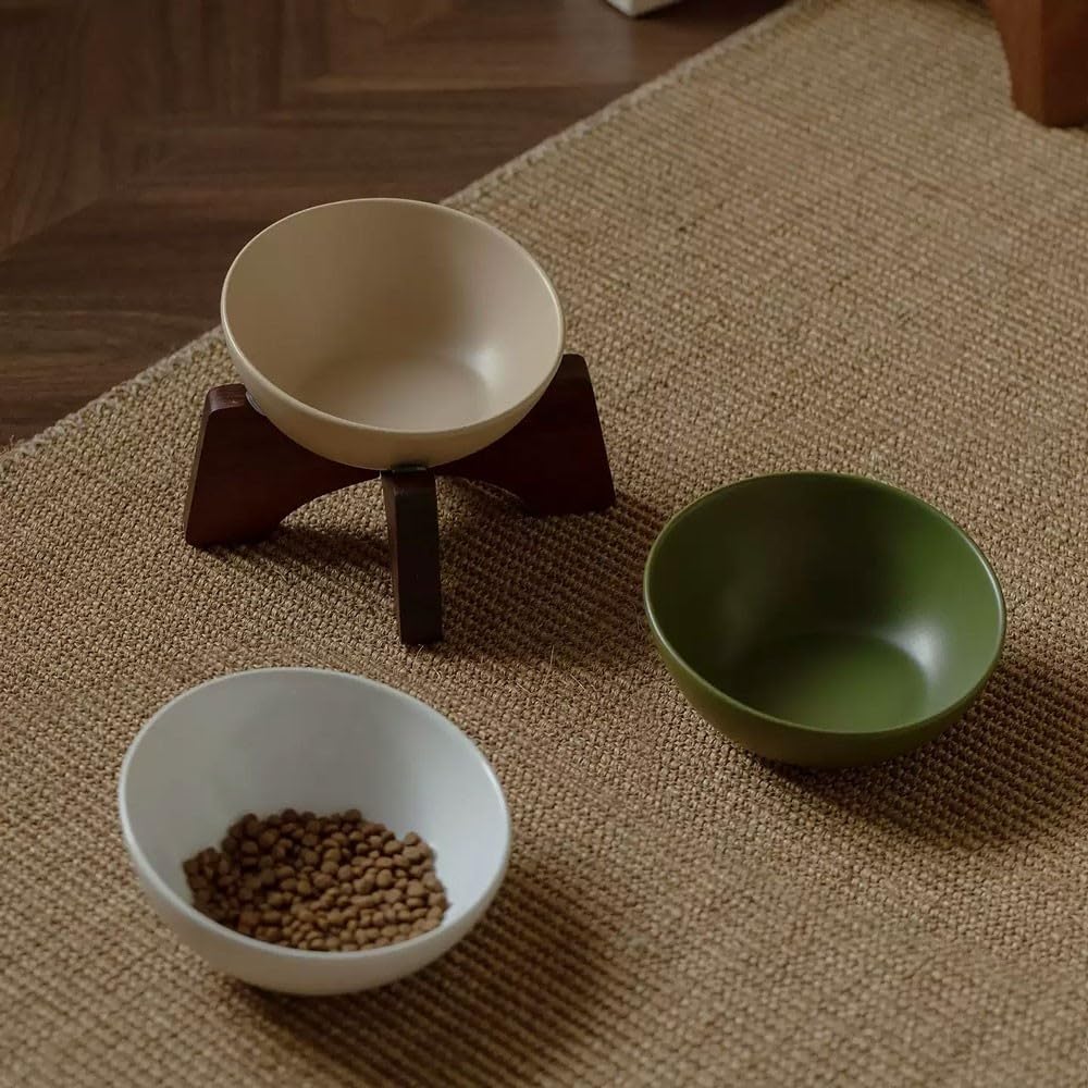 Ciotola for Cani e Gatti in Ceramica con Supporto in Legno, Piatto Inclinato Antiscivolo for Animali(Green)