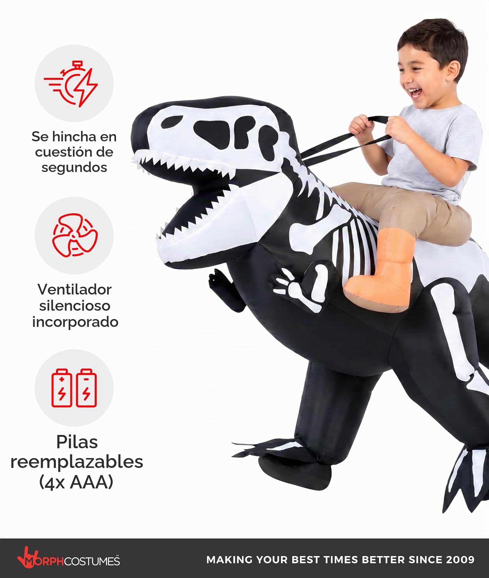 Morph Disfraz Dinosaurio Inflable Niño, Disfraz T-Rex Halloween Niño | Traje de Una Pieza para Montar, Esqueleto de T-Rex, Se Infla en Segundos, Perfecto para Halloween, Siempre un Éxito