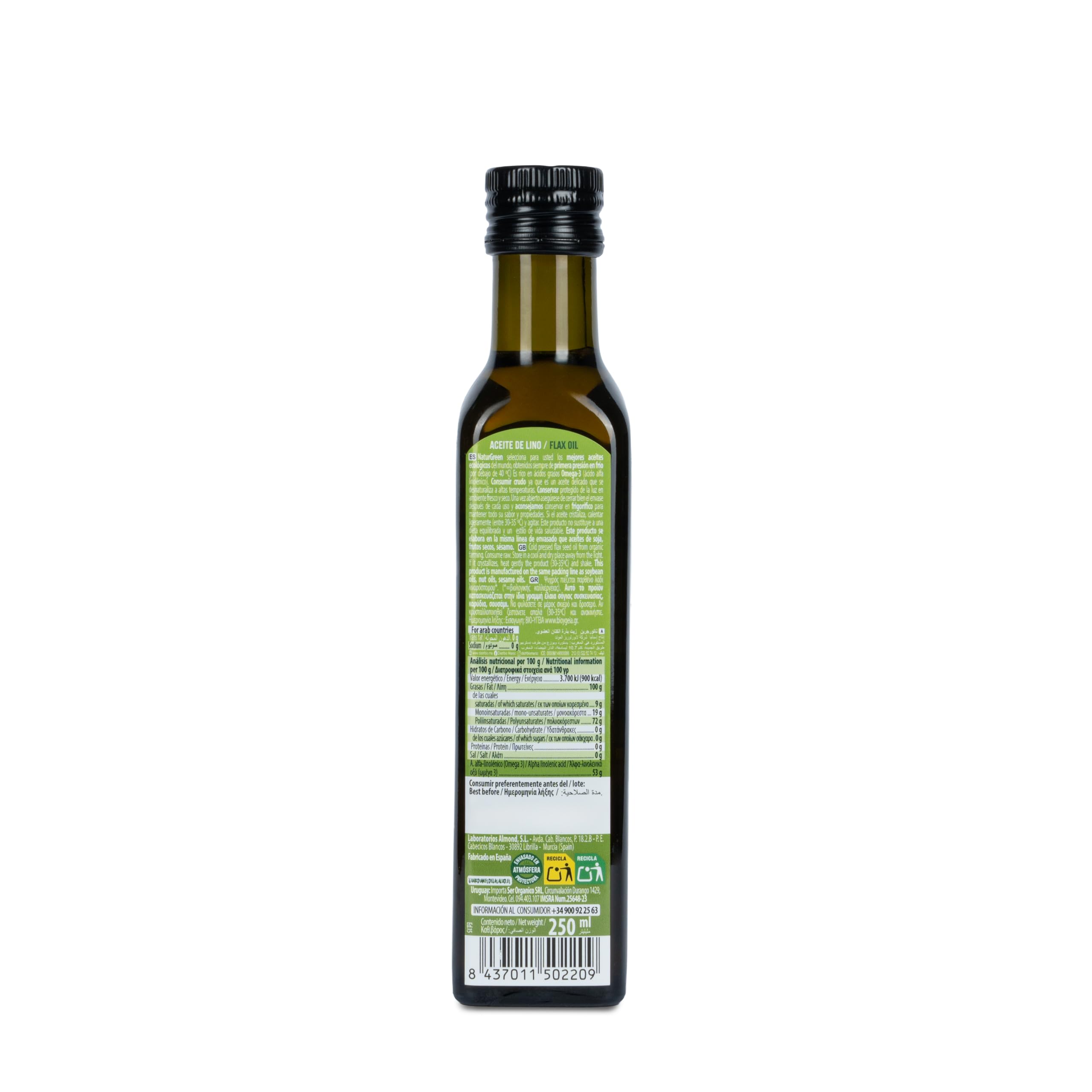 Aceite Lino Bio NaturGreen 100% Semillas de Lino Ecológico Omega-3 Primera Presión 250 ml