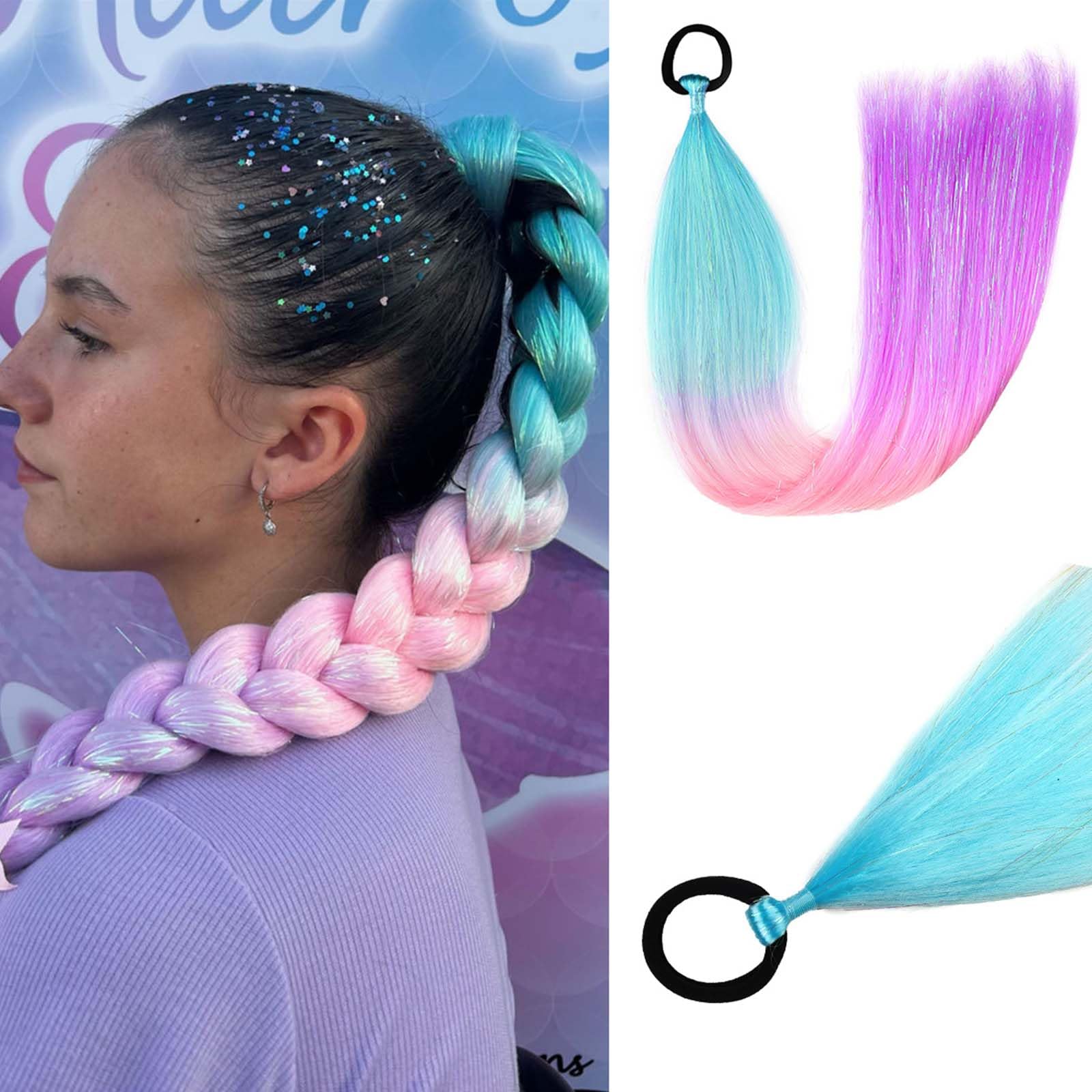 Rainbow Ponytail Extensions With Hair Tie 2 Packs 40g/Pack Coloured Hair Extensions for Braiding 18 inch Colorful Ombre Mermaid Pony Tail Synthetic Hair Extensions for Girl Women SS32