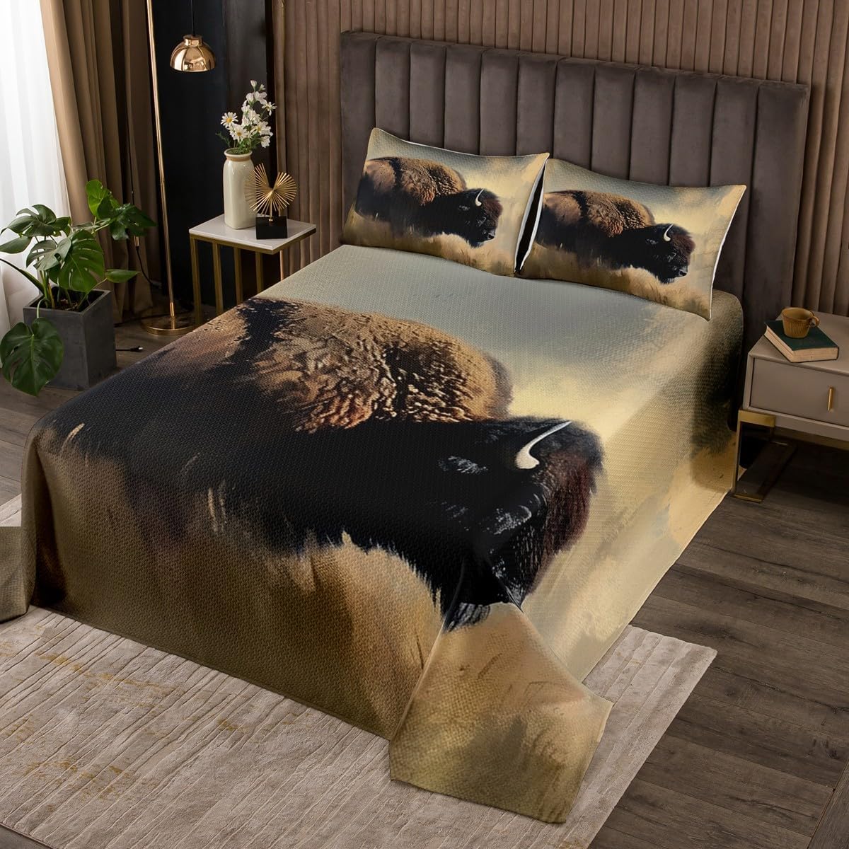 Feelyou Cute Buffalo Coverlet Set Queen Size Kids Wild American Bison Bedspread 3D Wild Animal Wildlife Ranch North American Quilted Coverlet for Room Decor Khaki Quilted