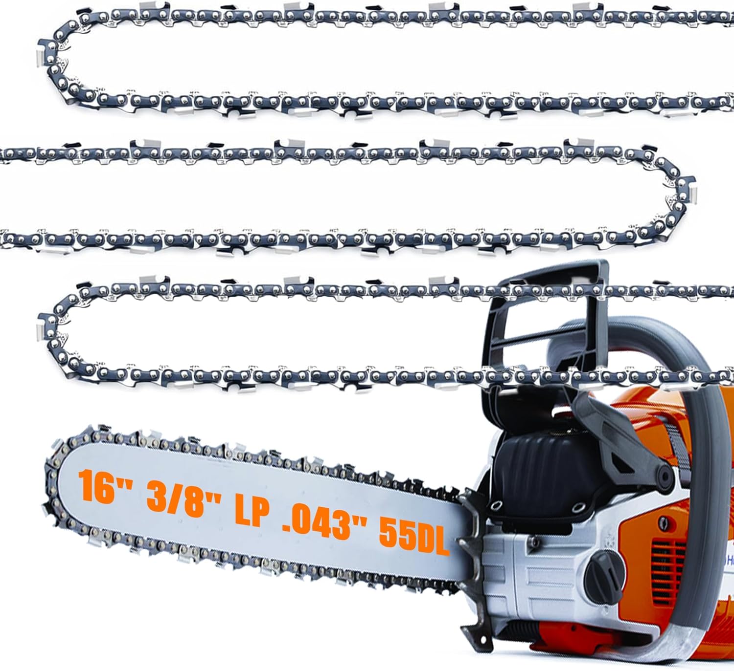ALBO 16 Inch Chainsaw Chain 3/8" LP Pitch .043" Gauge 55DL, 3 Pack – Low-Profile Full-Chisel Chrome Cutters, Reinforced Rivets, CE Certified – Compatible with Stihl MS170, MS171, MS180c Saws