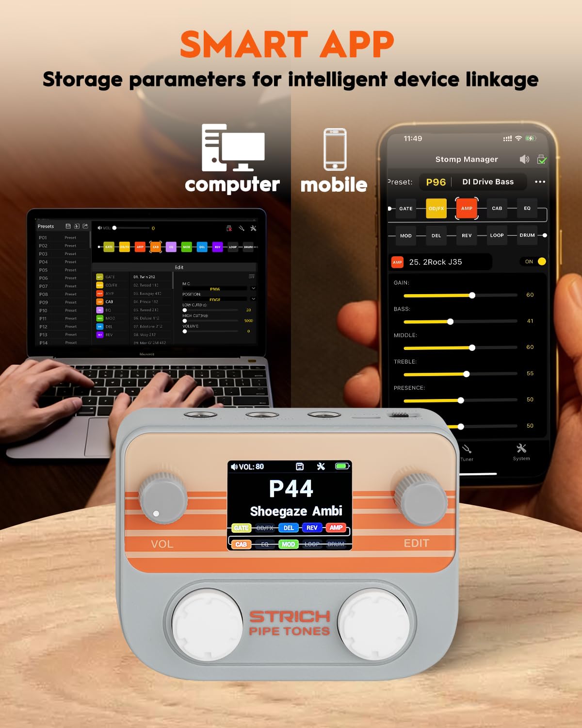 STRICH Pipe Tones Pocket Multi-Effects Processor para guitarra y bajo con 10 módulos de efectos 125 efectos Looper 40s 100 patrones de batería Interfaz de audio USB Control inalámbrico (Gris)