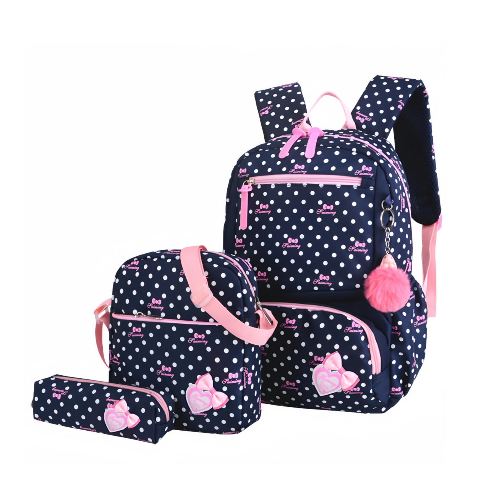 Armbq 3Pcs Kids Backpack Bowknot Printed Daypack Girls 3 in 1 School Bag with Shoulder Bag and Pencil Bag