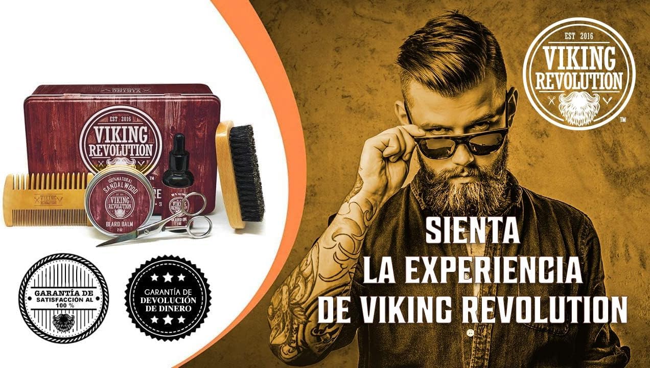Viking Revolution Kit de Barba y Bigote Para Hombre - Juego Champú, Cepillo Cerdas de Jabalí, Peine de Madera, Bálsamo de Sándalo, Aceite, Tijeras