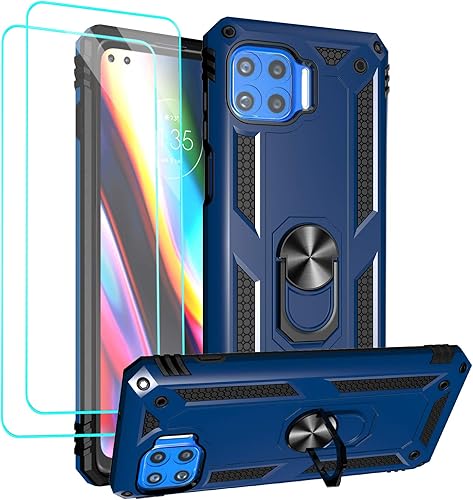 Androgate Funda compatible con Moto One 5G, Motorola One 5G UW, con protectores de pantalla de vidrio templado, anillo de metal de grado militar,