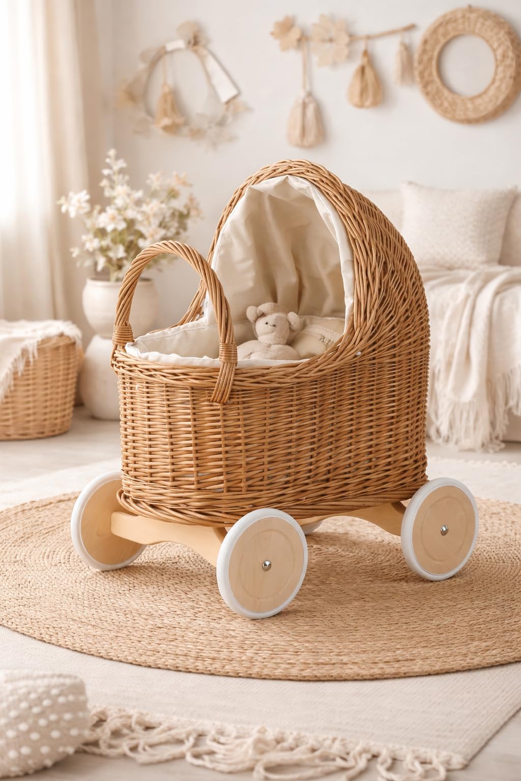 e-wicker24 Duży wózek dla lalek z wikliny w naturalnym kolorze, wózek do nauki chodzenia