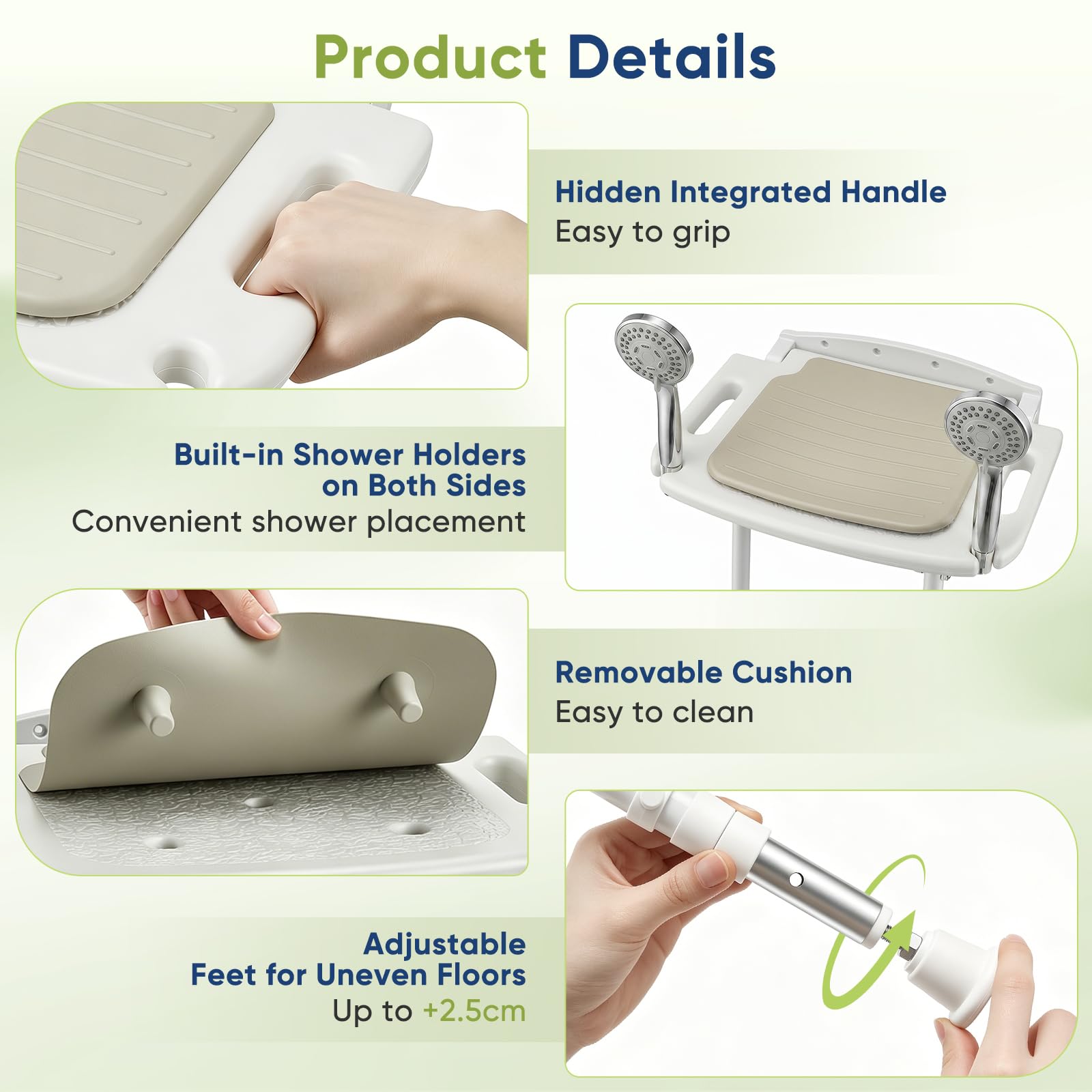 Asiento de ducha plegable montado en la pared, capacidad de 150 kg, 8 ajustes de altura preestablecidos, mango integrado oculto, soportes de ducha dobles integrados, banco de baño resistente