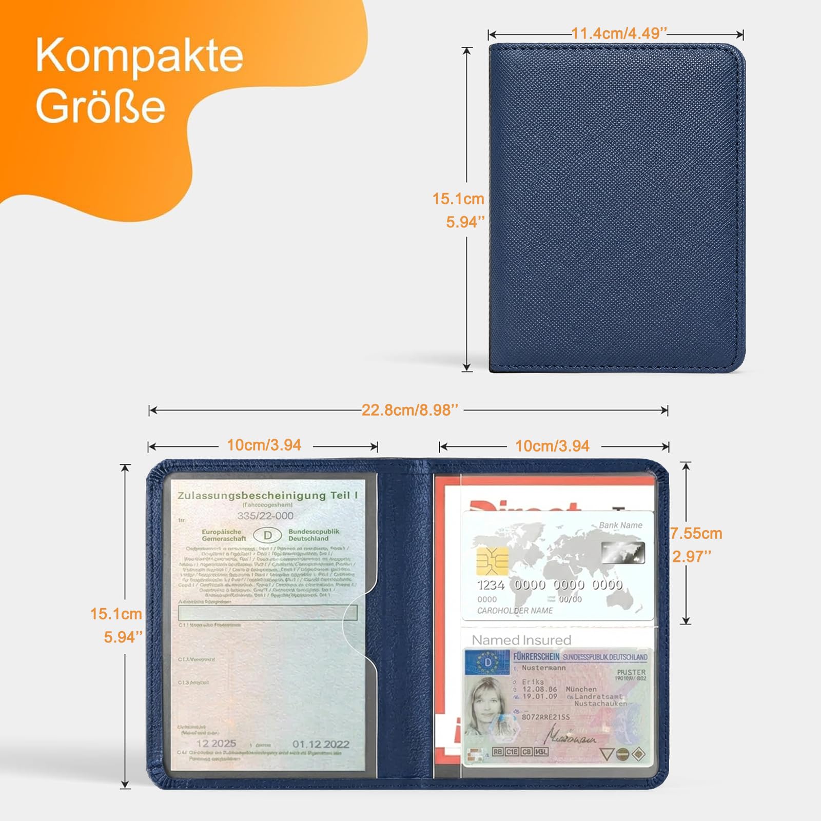 Caweet Soporte para registro de coche y seguro – Organizador de guantera de coche – Portadocumentos de cuero para carné de conducir, carné de identidad y tarjetas, azul-1