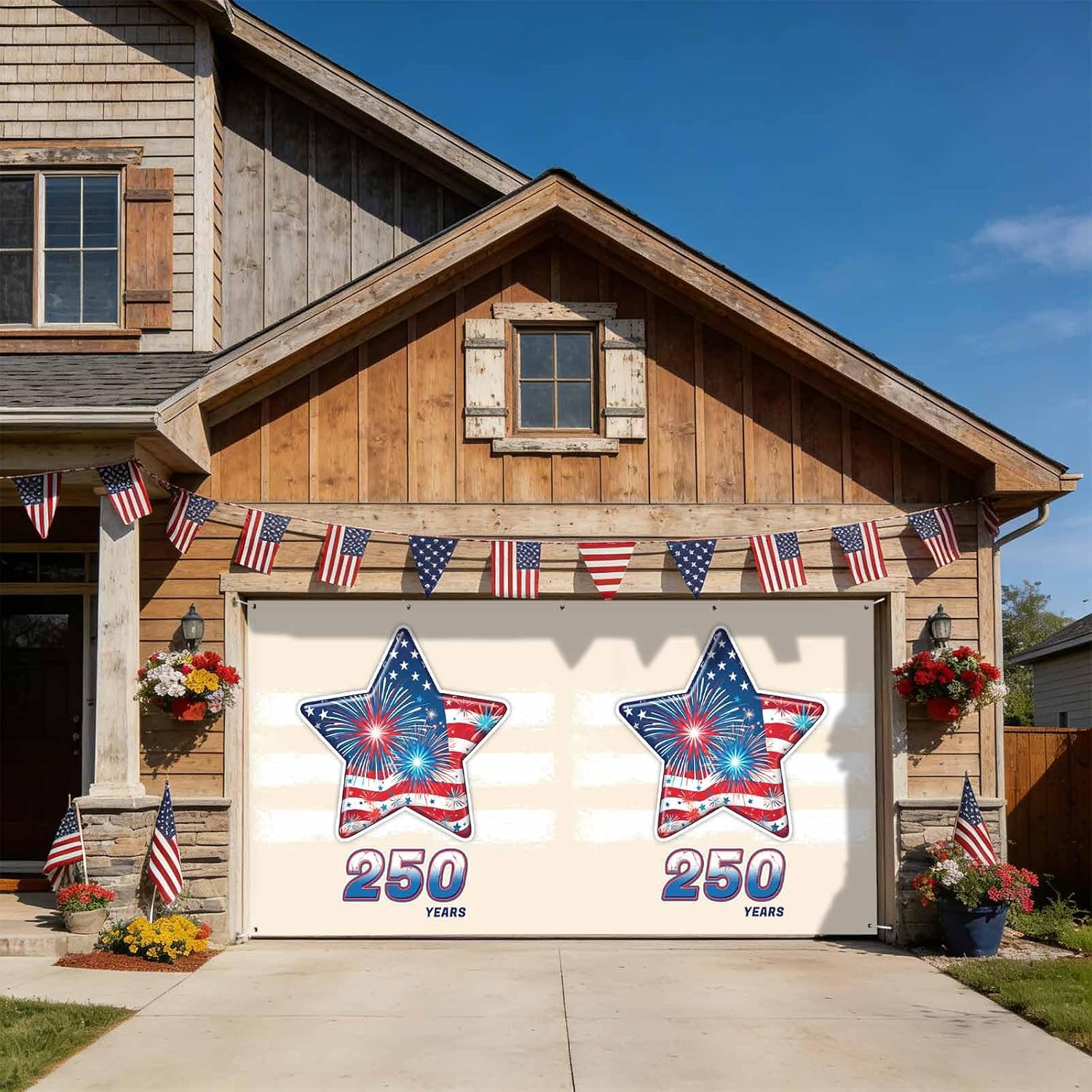 American Flag 250 Year Anniversary Garage Door Banner Cover, Hanging Garage Door Decorations, USA Star Beige Striped Holiday Garage Door Covers Backdrop for Party Indoor Outdoor Wall Decor 7x8Ft