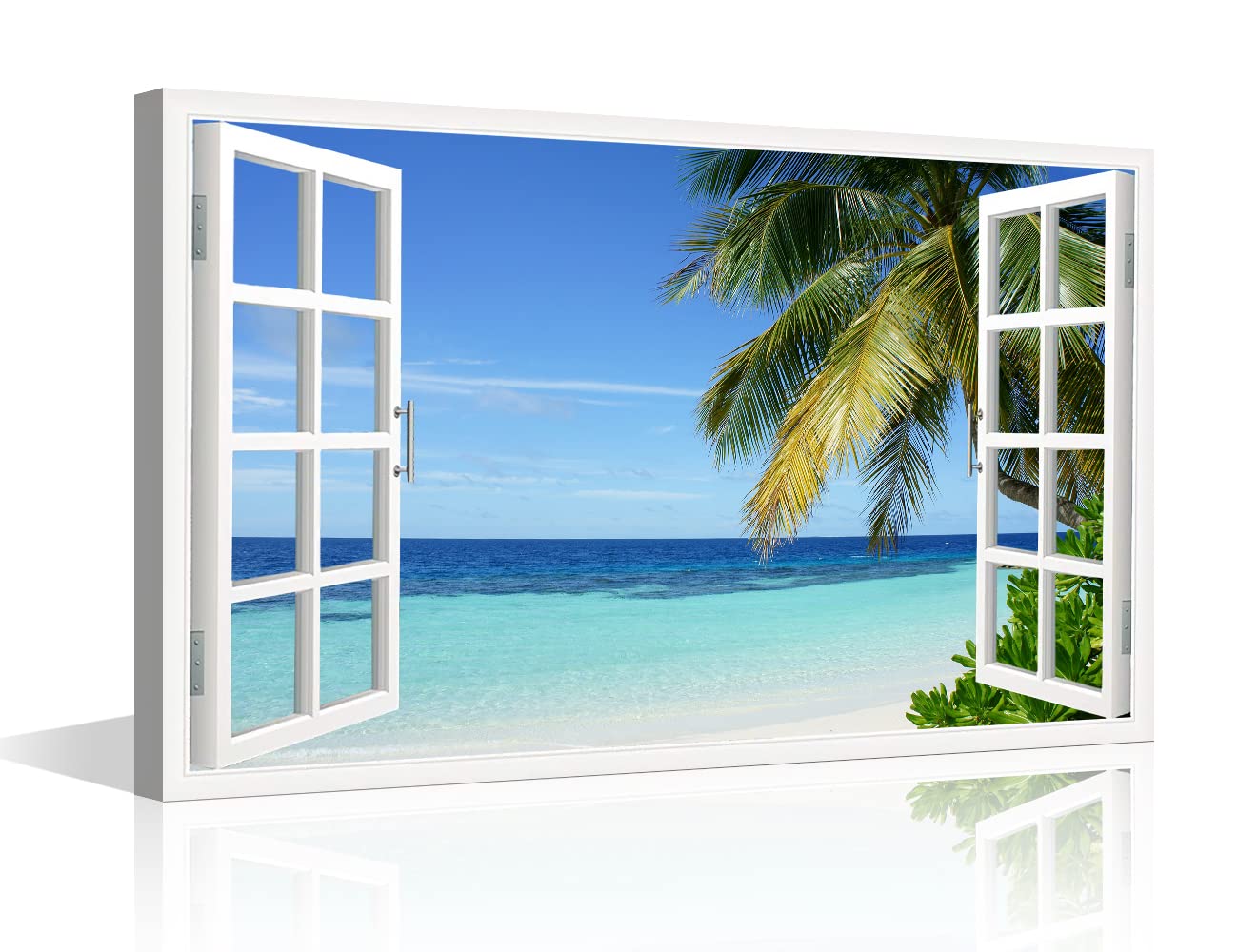 Bathroom Decor Wall Art Blue Beach, Window View Wall Decor Modern Landscape Posters and Prints Canvas Wall Art Wall Decoration for Living Room Office Bedroom Framed Ready to Hang (36"W x 24"H) — image 1