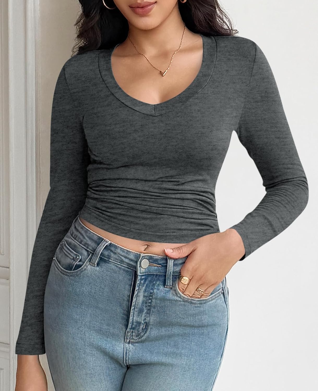 Womens Summer Sexy Short Sleeve Tshirt Tops Deep V Neck Shirts Casual Slim Fit Basic T-Shirt Tee - Image 3