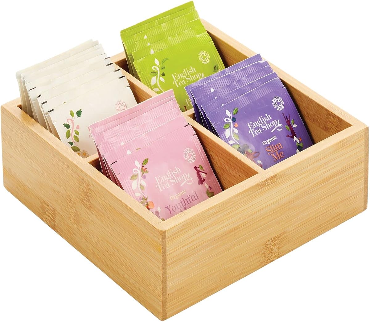 Contenedor de almacenamiento dividido de bambú, caja organizadora de cajones para gabinete de despensa de cocina, estante, encimera de isla, para bocadillos, especias, bebidas, colección Echo, natural/bronceado