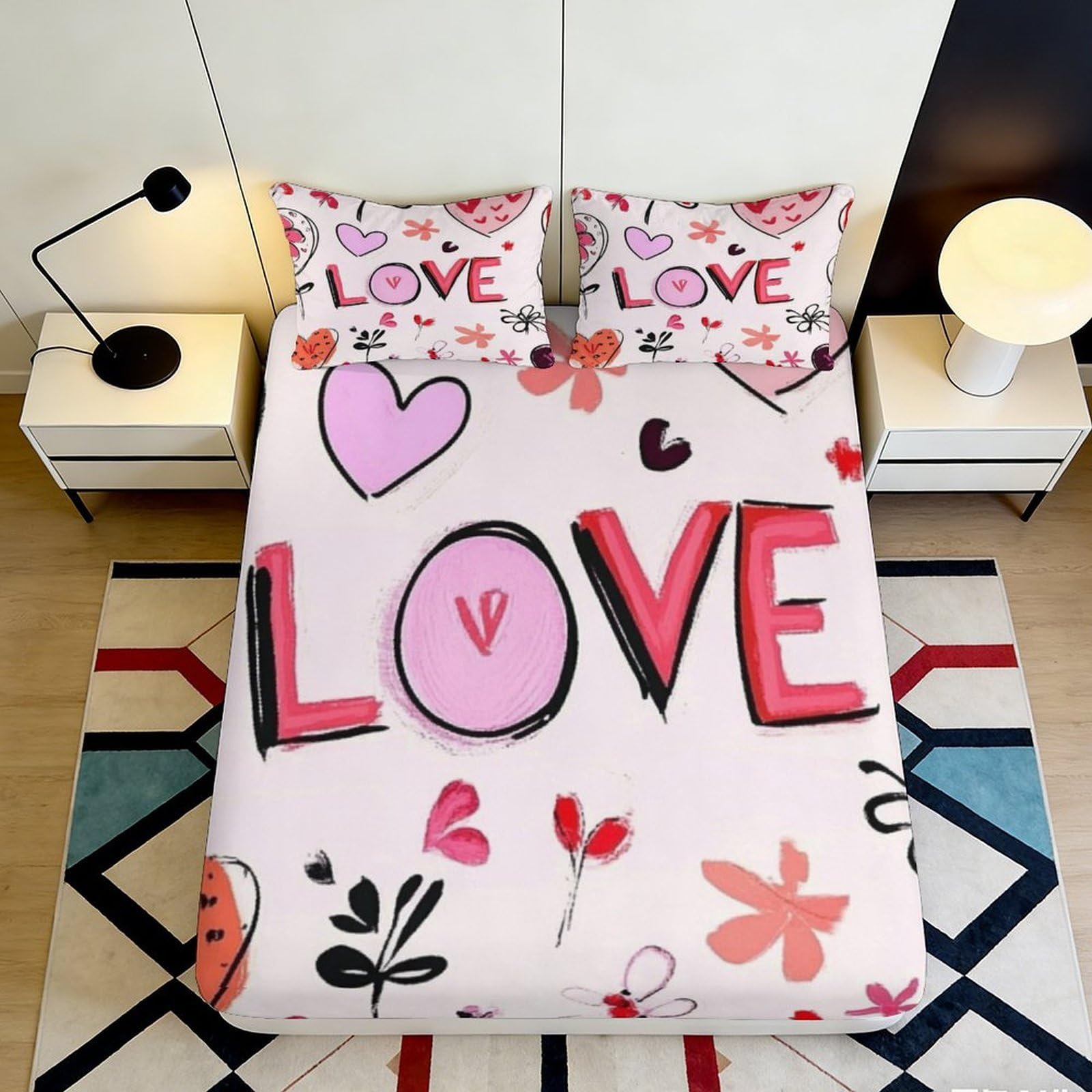 3D Printed Pink Love Hearts Fitted Sheet Microfiber Soft Breathable Romantic Bed Cover for Bedroom Dormitory Guest Room Mattress Protection Decor 160x200x25cm