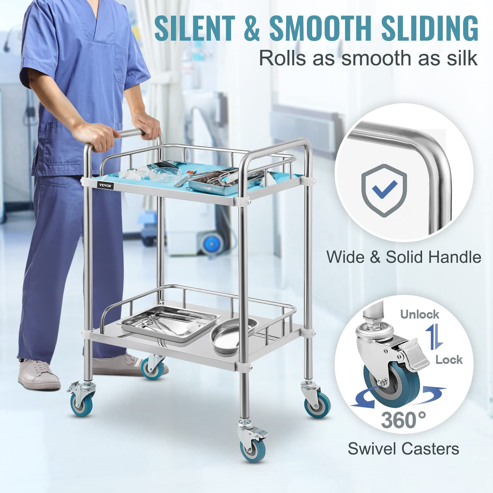 VEVOR Servierwagen Edelstahl Serving Lab Trolley 2 Böden Laborwagen Tragbar Abräumwagen Medical Dental Lab Cart Transportwagen Rollwagen Medizinisch Universalräder Zwei Fußbremsen Breite Anwendung