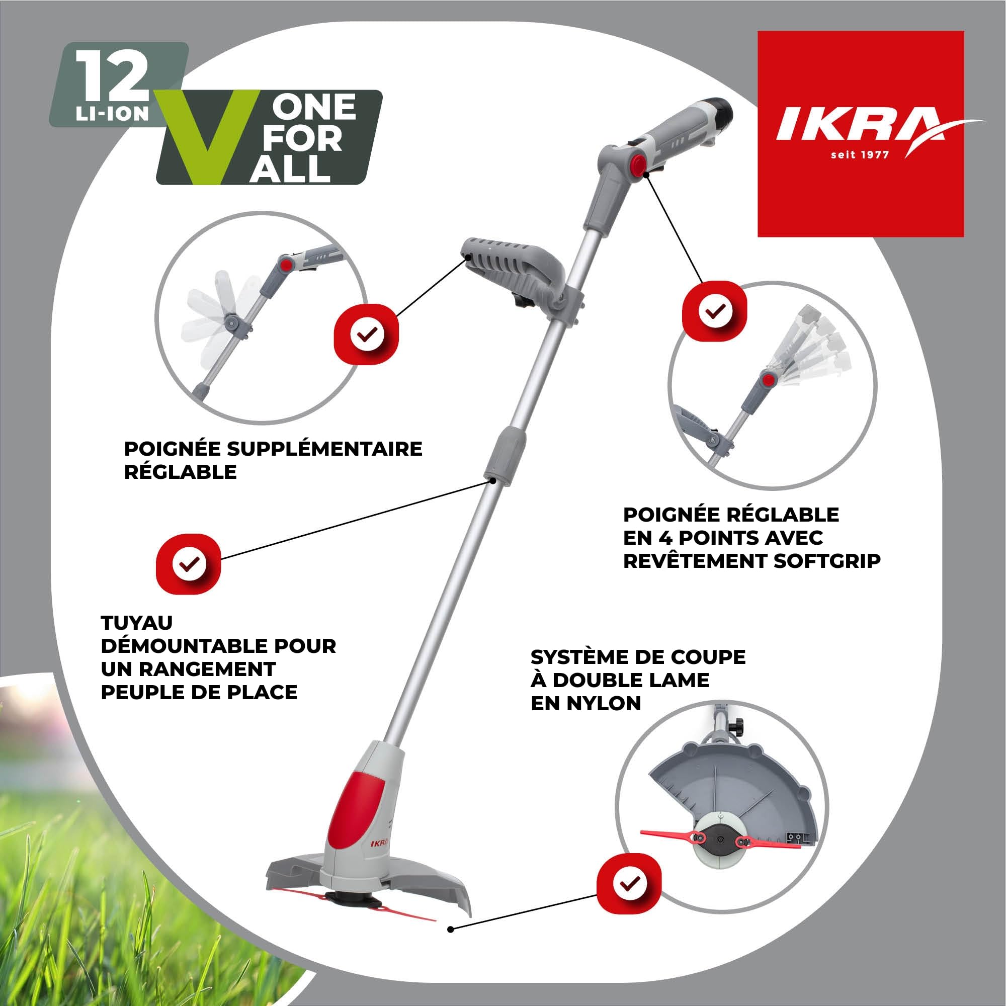 IKRA Coupe-Bordures sans Fil IART 1224 avec Batterie, Chargeur et 20 Lames | Léger (1,5 kg), largeur de coupe de 24 cm, poignée réglable sur 4 positions, compatible avec la gamme de batteries 12V d'IKRA