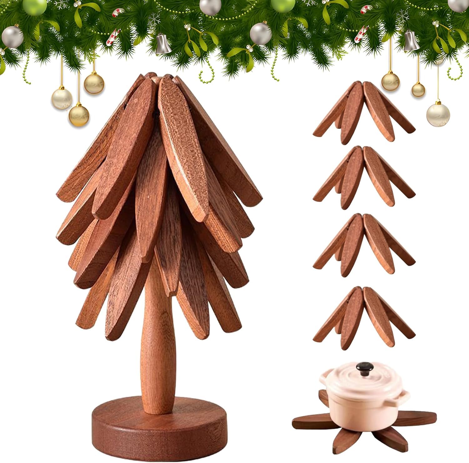 Snugeasy 4 Trivets - A Wooden Trivet Tree Coasters Stackable, Christmas Tree Shaped 3/4/5+1 Natural Wood Heat Resistant Tree Coasters For Kitchen Xmas Decor (4 Trivets - A)