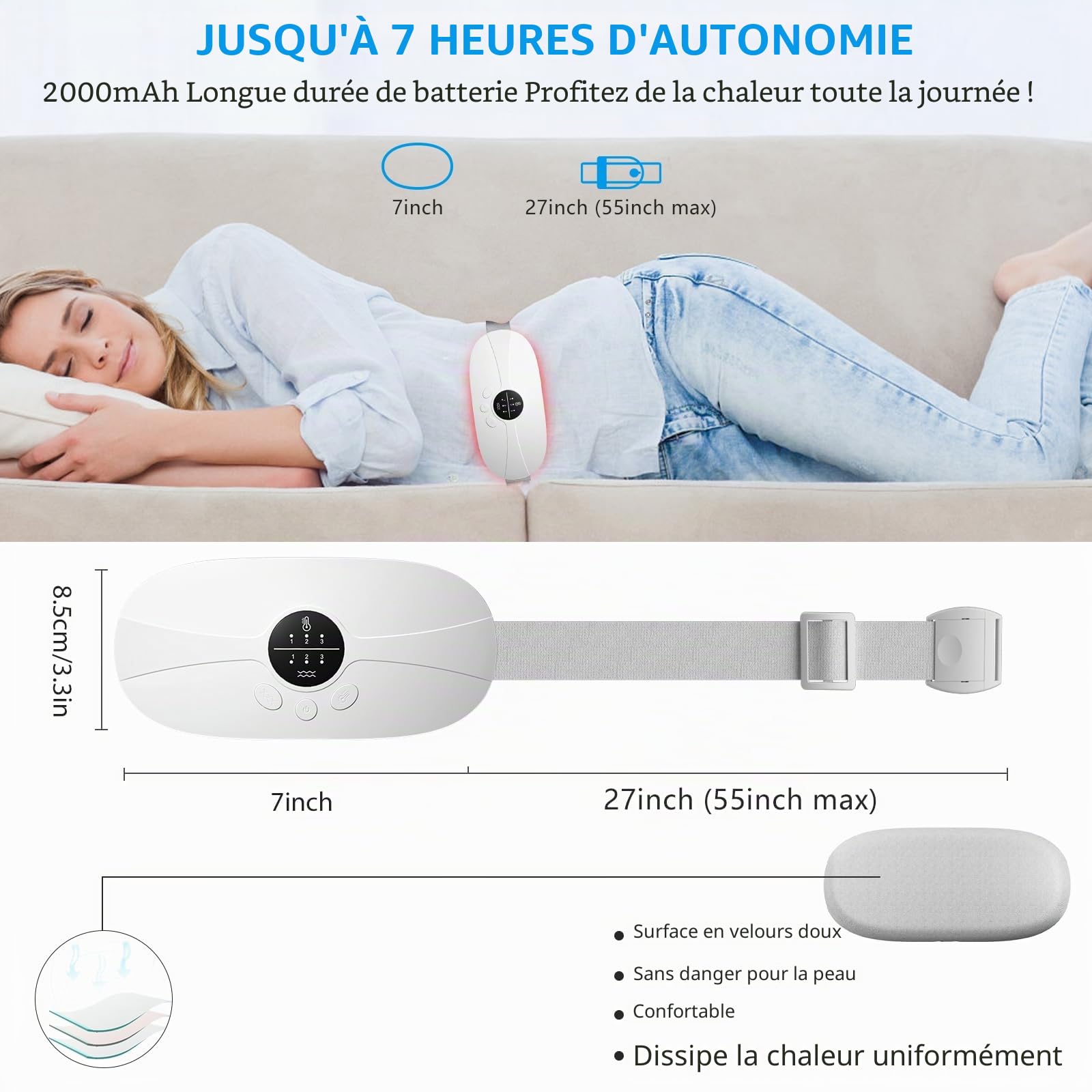 Kissleaf Ceinture Chauffante Regle Douloureuse,Chauffant Regles Douloureuses,USB Rechargeable Ceinture Menstruelle Chauffante,3 Niveaux Chaleur 3 Modes Ceinture Chauffante Ventre (blanc)