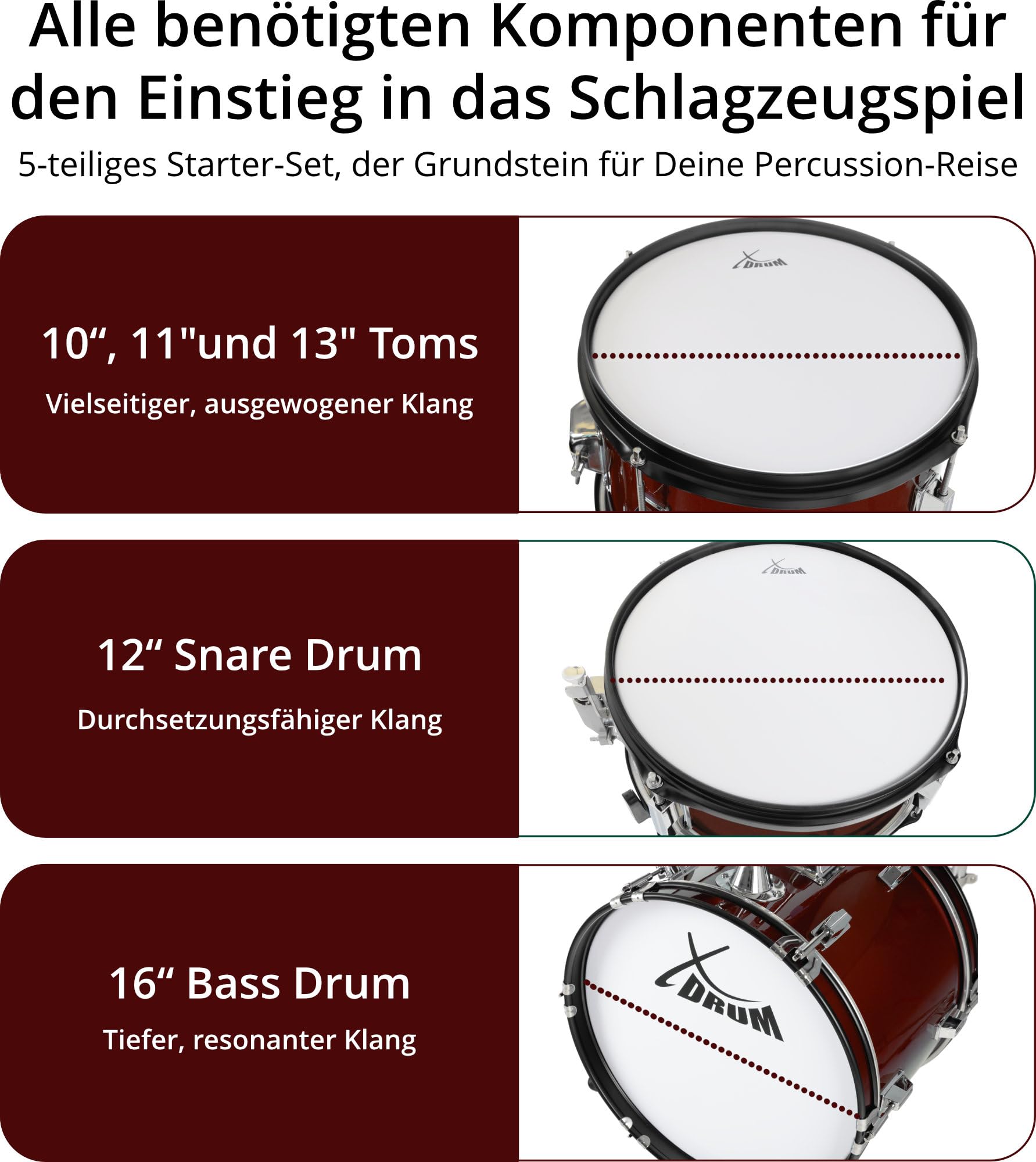 XDrum Junior Pro Batteria per Bambini Red - adatta da 5 a 9 anni - Drumset con accessori completi - incl. scuola - Rosso