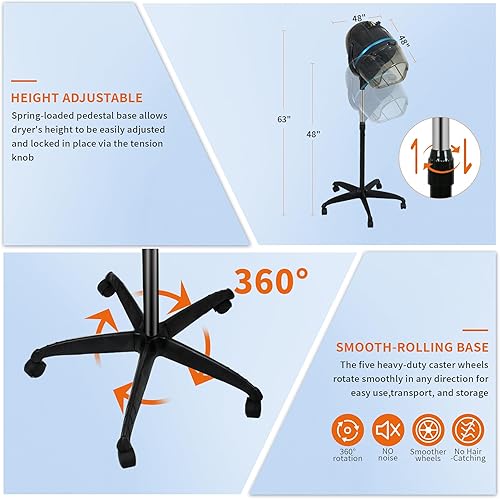 Miniatura 7 de LEMY Secador de pelo profesional con capucha de 1300 W, secador de pelo de salón con temporizador ajustable y 3 ajustes de velocidad de calor,