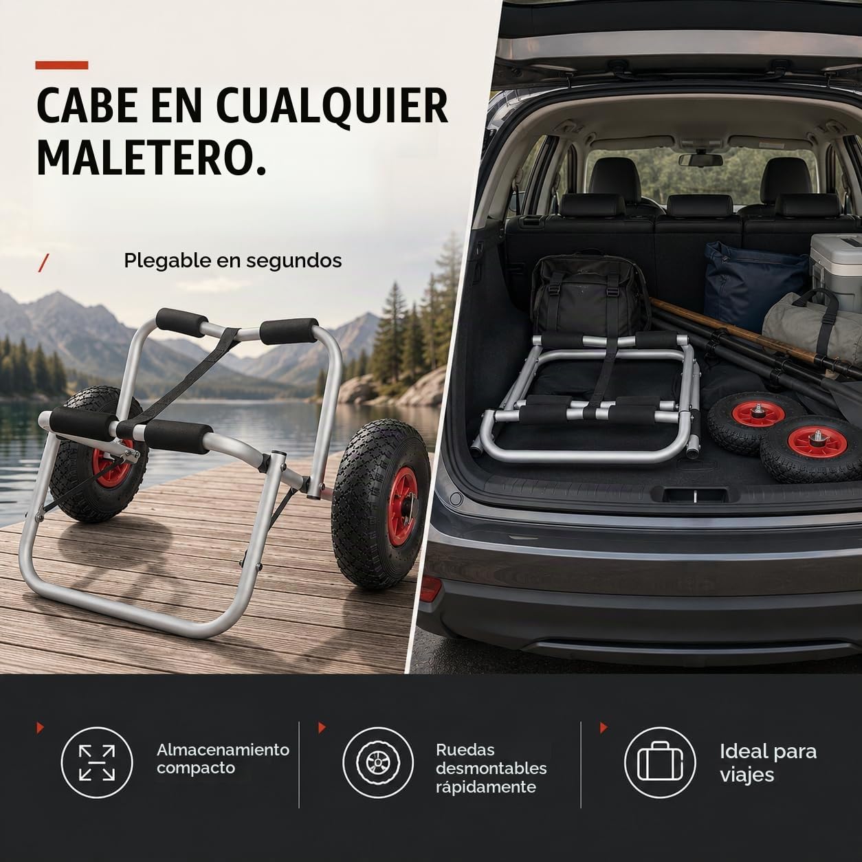 Brunelli Carro para kayak, canoa, plegable, para barco, kayak, canoa, barco, accesorios, carga de 80 kg