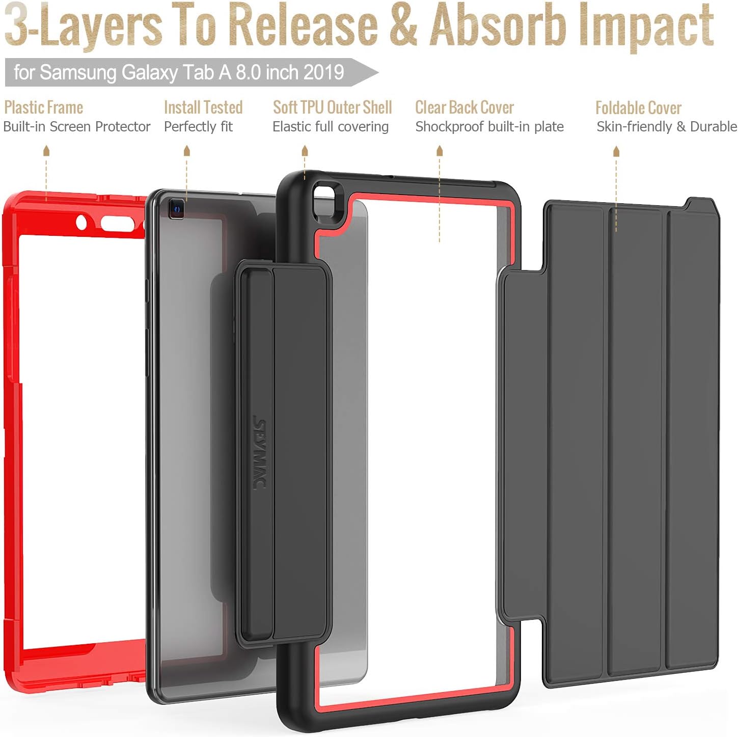 SEYMAC stock Case for Galaxy Tab A 8.0 (SM-T290/T295/T297), Lightweight Shock-Proof Protection Cover with [Screen Protector] Stand [Clear Backing] Feature for Samsung Tab A 8.0 2019 (Black/Red)