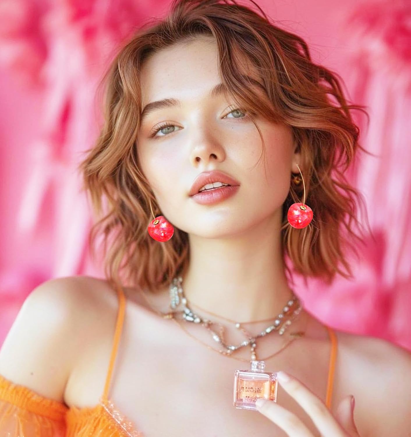 Cherry Earrings for Women, Cherry Earings 3D Red Fruit Drop Dangle Earring, Gold Plated Charm Jewelry, Lightweight - Image 3