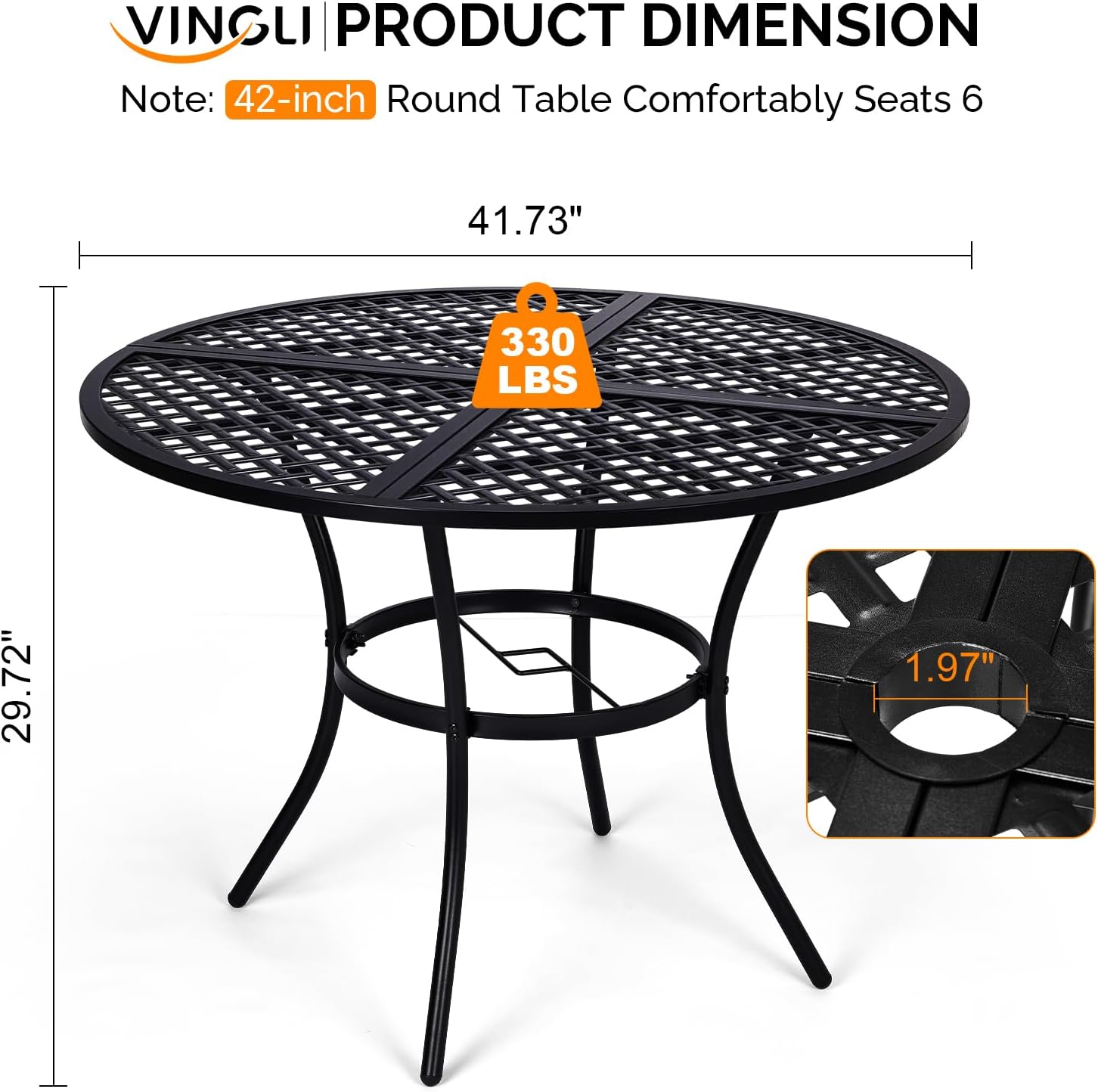 VINGLI 42" Round Outdoor Dining Table - Patio Metal Table with 1.97" Umbrella Hole, Iron Garden Table for Deck Porch Backyard, Black