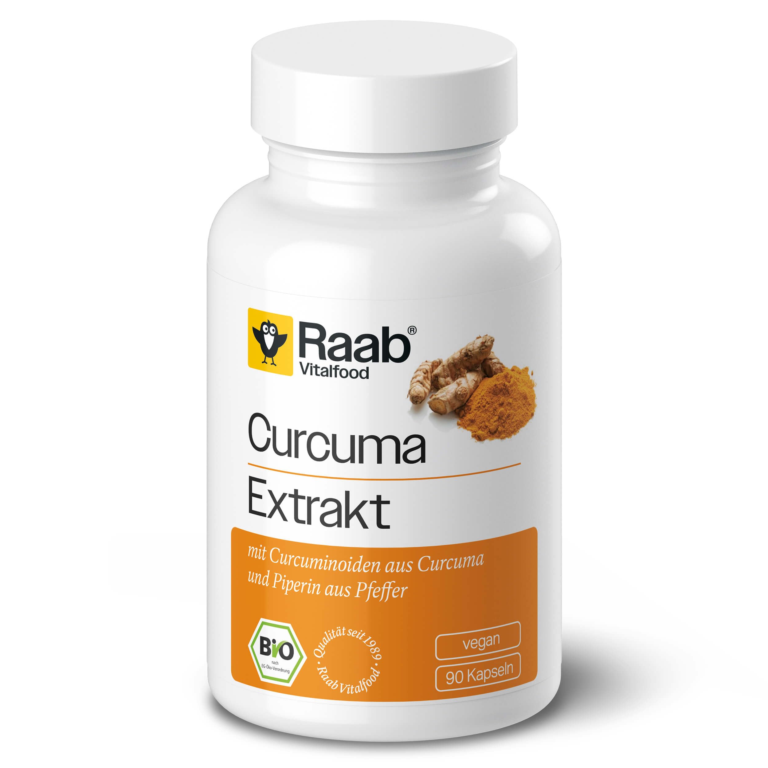 Raab Vitalfood® Bio Curcuma Extrakt Kapseln (90 Stück) - enthält Bio Curcuma Extrakt, Piperin und Curcuma Pulver, standardisierter Curcuminoidgehalt (150 mg pro 2 Kapseln), vegan, glutenfrei
