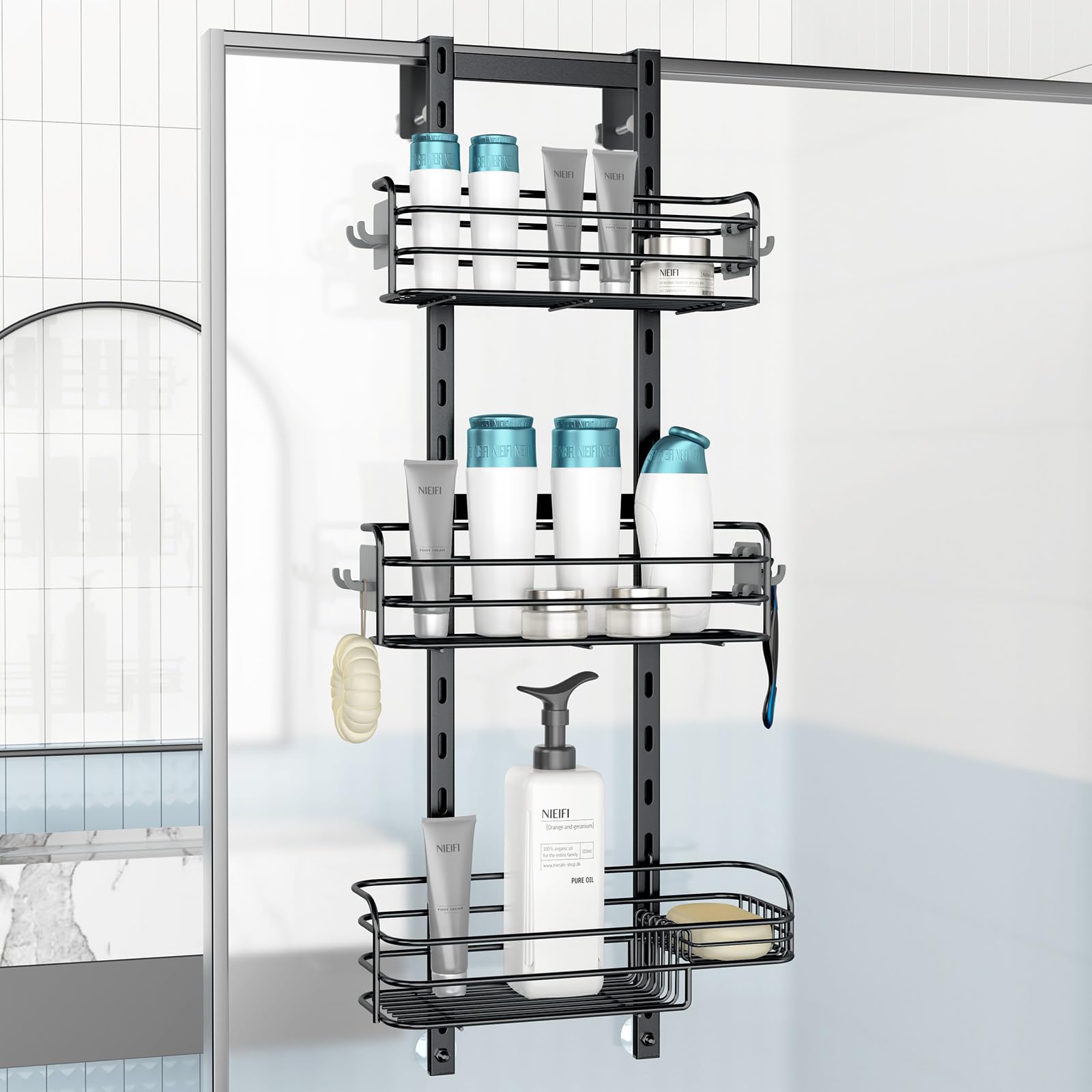 Nieifi Over The Shower Door Caddy Pantry Organizer Rack with Reliable Hooks, Sturdy Rust Proof Hanging Shower Organizer Shelf Basket Storage Rack, Bathroom Shelves Drill Free Extra Large