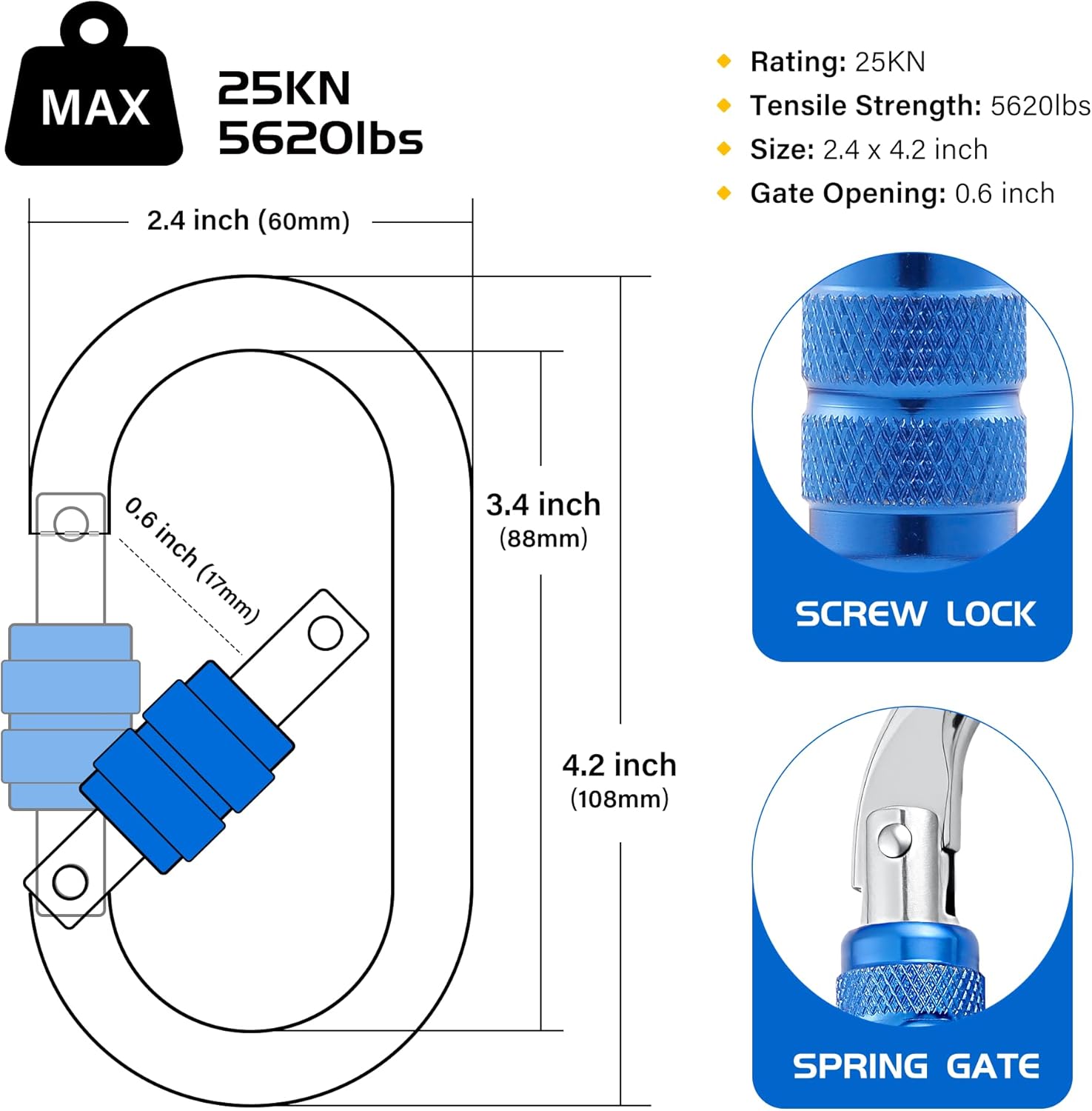 Hopeseily 高耐久クライミングカラビナ 定格25kN(5000ポンド) スクリューロックカラビナクリップ 楕円形カラビナ 懸 ロックカラビナ  登山釦 超軽量 アルミカラビナ クライミング ロッキンカラビナ ハンモック キャンプ用 セルフロック バックパックフック 脱落防止 (25kN ...