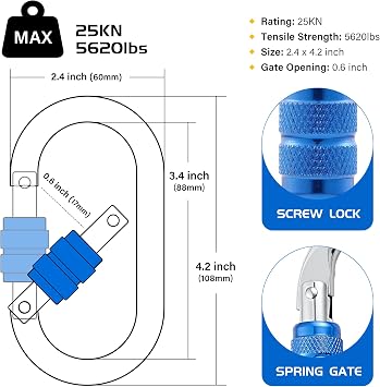 Heavy Duty Climbing Carabiner, Rated 25kN(5620lbs), Screw Locking Carabiner Clip, Oval Shape Carabiner for Rappelling, Hammocks, Aerial Work, Rigging, Rescue, Arborist