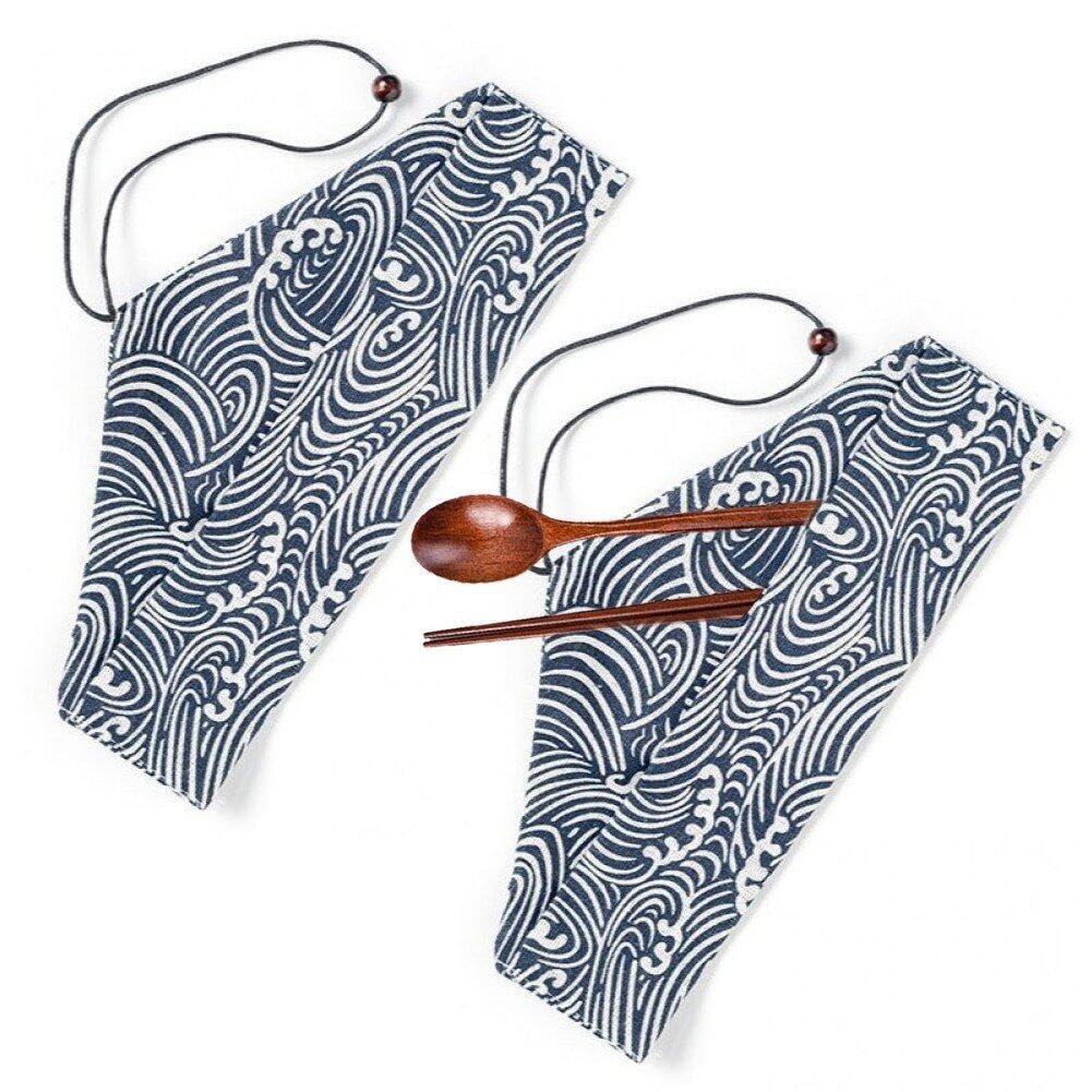 Sanfly Style1 Travel Cutlery Pouch Cloth Bag 2Pcs Japanese Printing Chopsticks Pouch Tableware Carrying Storage Case For Chopsticks Spoon Fork