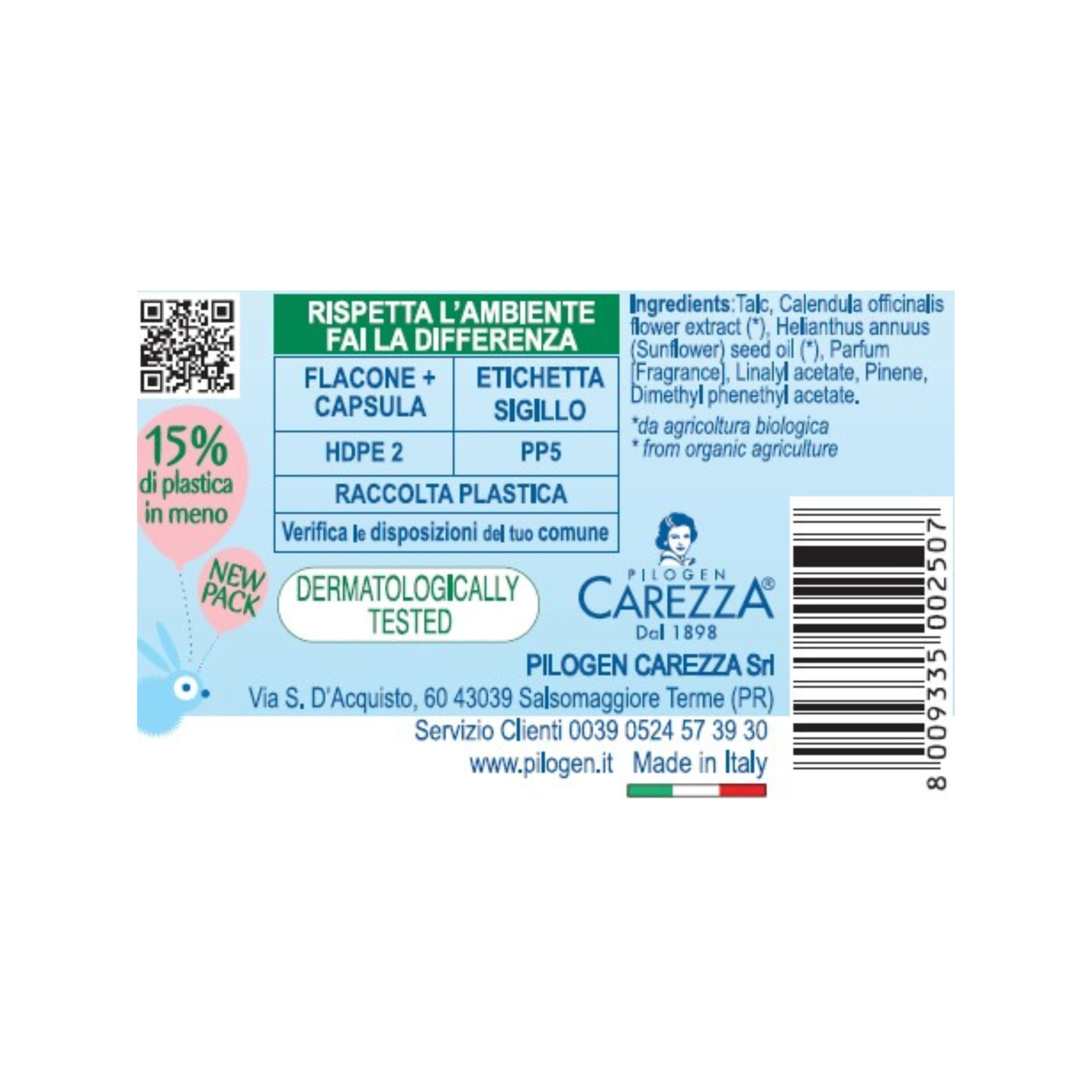 Pilogen Carezza - Bio Baby, Talco alla Calendula 100% Biologico, per Neonati e Bambini, Rinfrescante, Assorbente e Lenitivo, Ideale per la Pelle Sensibile, Formulazione in Polvere, 150 gr