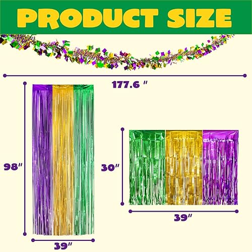 Miniatura 5 de JOYIN 5 piezas de decoración de fiesta de Mardi Gras con 1 cortina de flecos, 3 faldas de mesa y 1 paquete de guirnalda, suministros de fiesta de