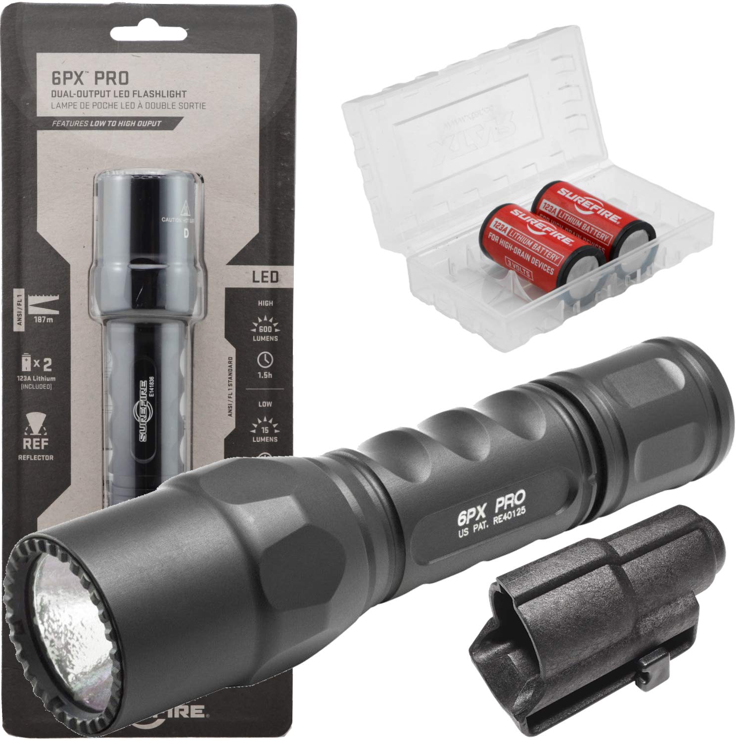 Surefire 6PX Pro 600 Lumen Dual-Output LED Flashlight Bundle with V70 Speed Holster, 2x Extra CR123A