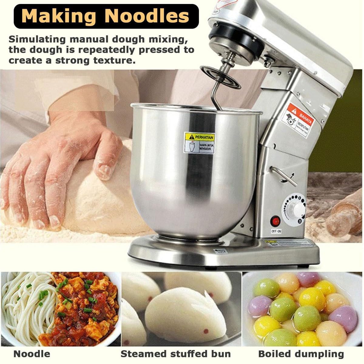 Elektrischer Standmixer, 500W Küchenmixer mit Rührschüssel, Schlägel & Knethaken, 3 Geschwindigkeitsstufen, für Backen und Teigzubereitung, Edelstahl, 10L Kapazität