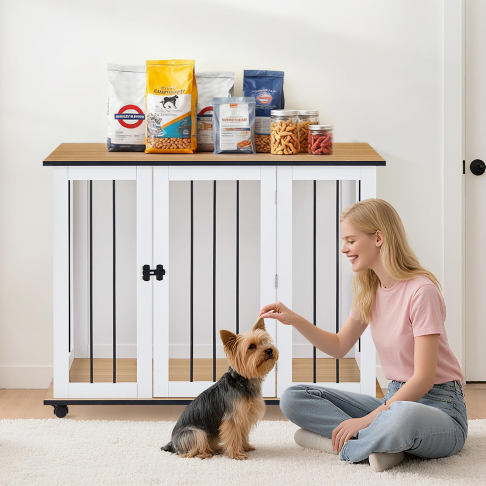 TUKAILAI Hundekäfig Möbel, 106 cm Hundebox Holz mit Raden, Abschließbar Tür, Metall, Moderne Hundehütte Indoor für kleine/mittlere/große Hunde, Hundekäfig für Zuhause 106x60x82 cm, Weiß