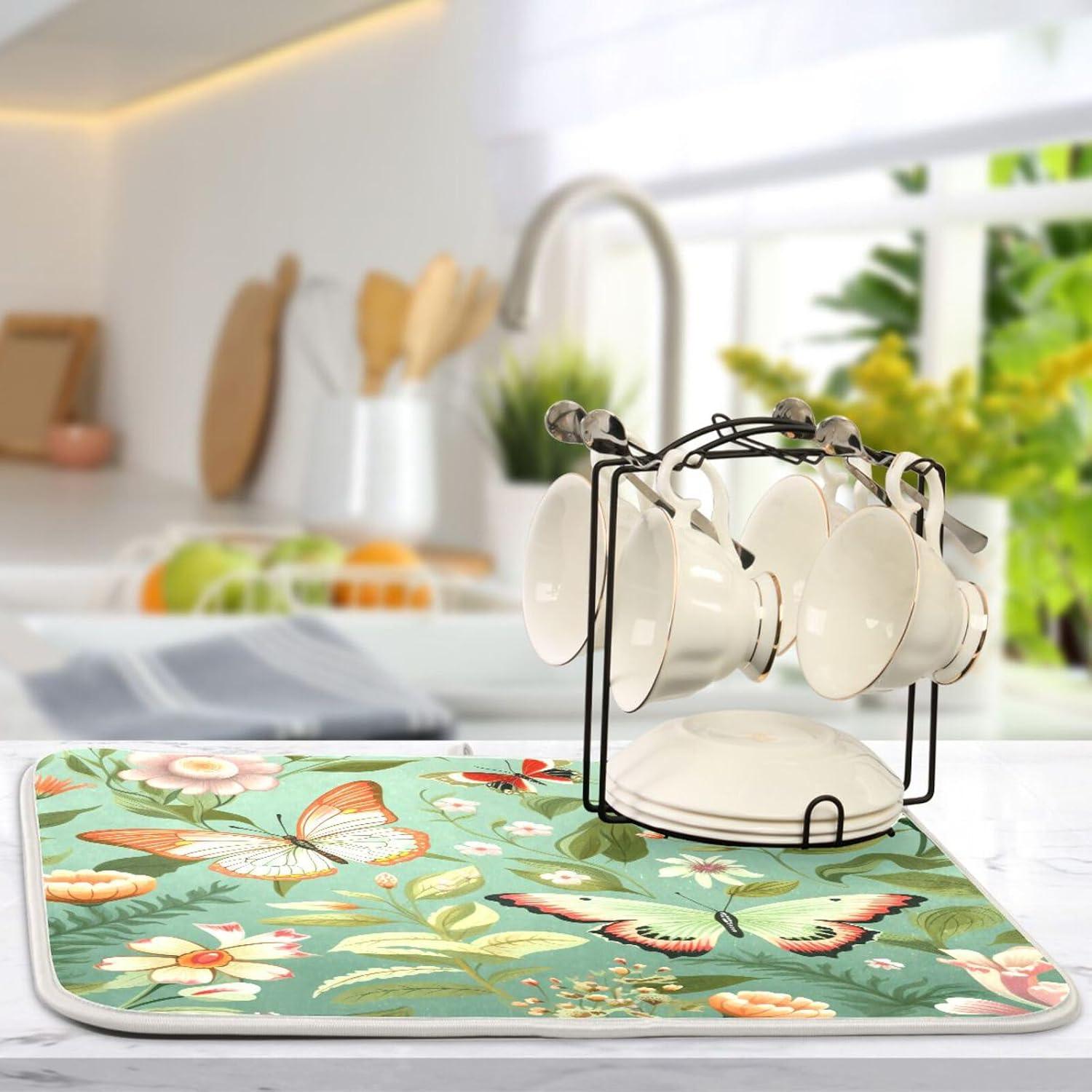 Sage Green Butterfly Flowers Dish Drying Mat for Kitchen Counter Microfiber Absorbent Drainer Draining Rack Mats Small Cloth Kitchen Drying Pad Heat Resistant for Countertop 18x24