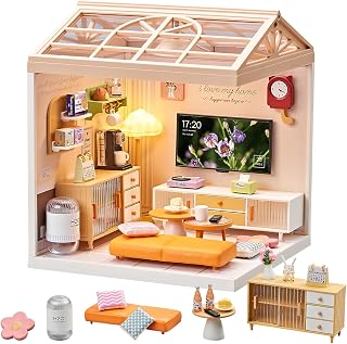 Miniature Living Room DIY Play Kit – 92Pcs 1:20 Scale Dollhouse Furniture Toy with LED Light, Modular Scene Connector & Realistic Details Tiny House for Kids 8+ and Collectors
