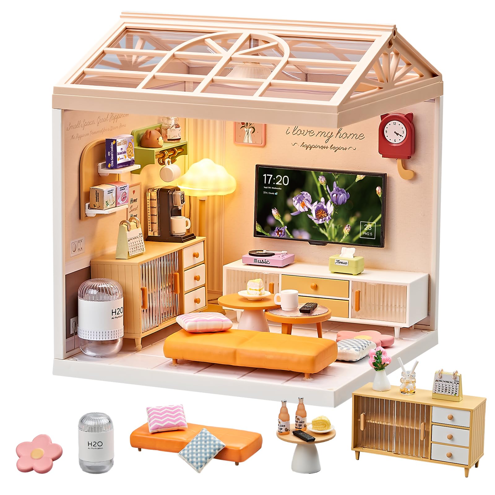 Miniature Living Room DIY Play Kit – 92Pcs 1:20 Scale Dollhouse Furniture Toy with LED Light, Modular Scene Connector & Realistic Details Tiny House for Kids 8+ and Collectors