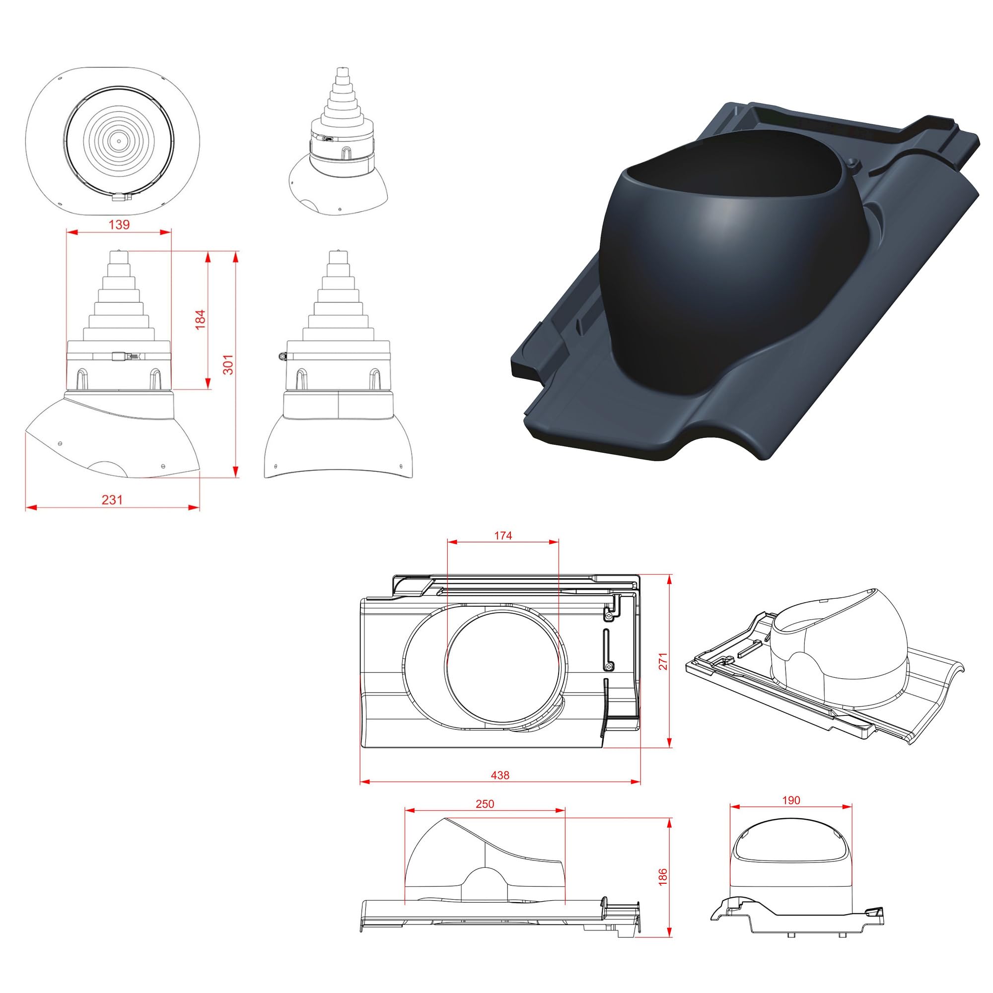 Dachdurchführung für Gerätemasten Ø19–90 mm – Braas - Rubin 13V Dachziegel für TV-Antenne, Satellit, Blitzschutz, Kommunikation, Dachdurchgang mit EPDM-Dichtung (RAL 7016 - Anthrazit)