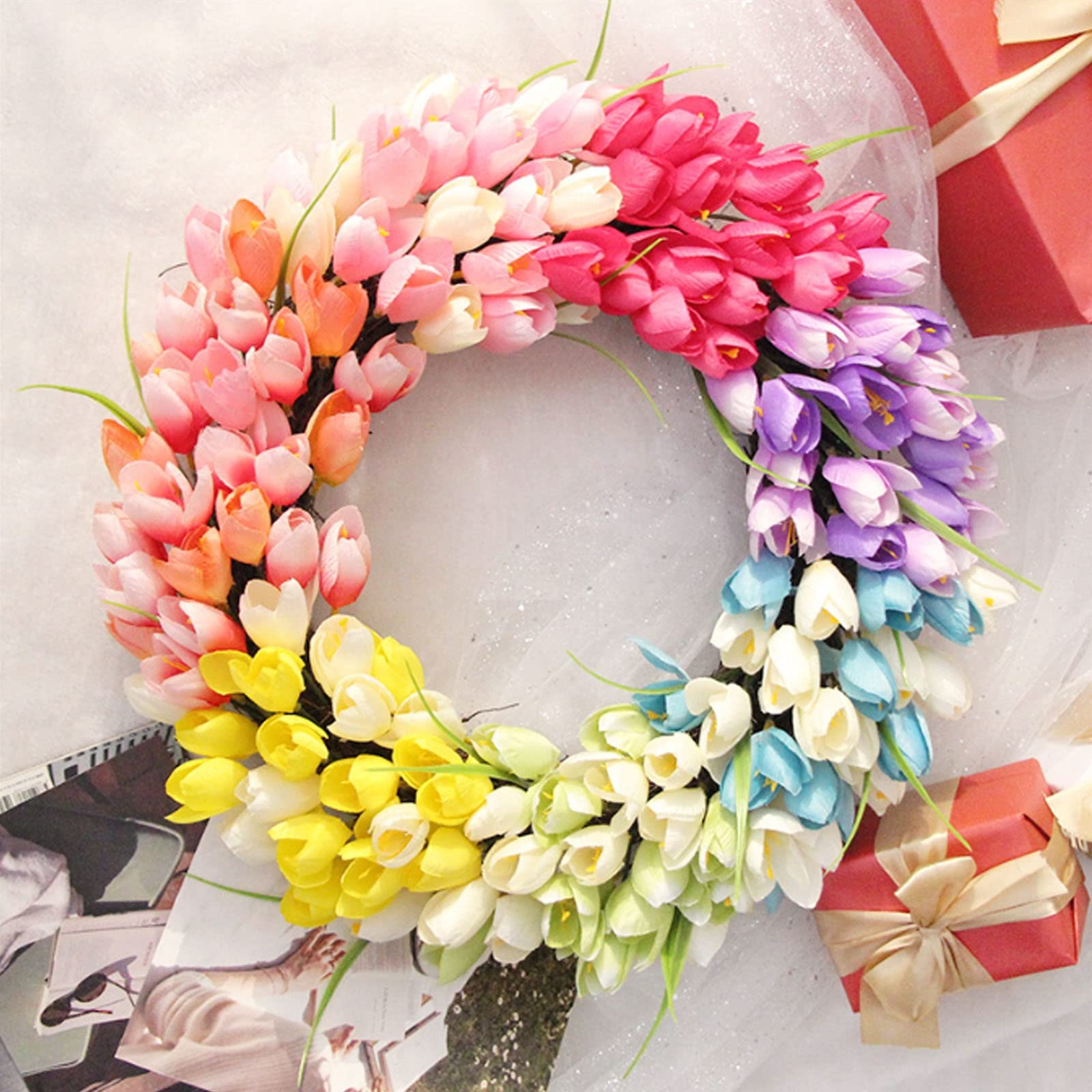 RNSUNH Kunstmatige Tulp Kransen voor Voordeur 19.7 inch Rood Wit Tulp Lente Zomer Deur Krans met Strik Opknoping Bloem Krans voor Thuis Muur Bruiloft Decor