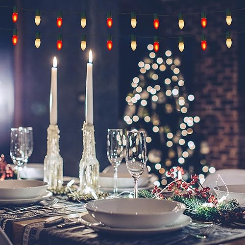 Miniatura 7 de Tira de luces de Navidad C9 rojas y blancas, luces decorativas de Navidad de 25 pies con 26 bombillas de cerámica rojas y blancas (1 repuesto),