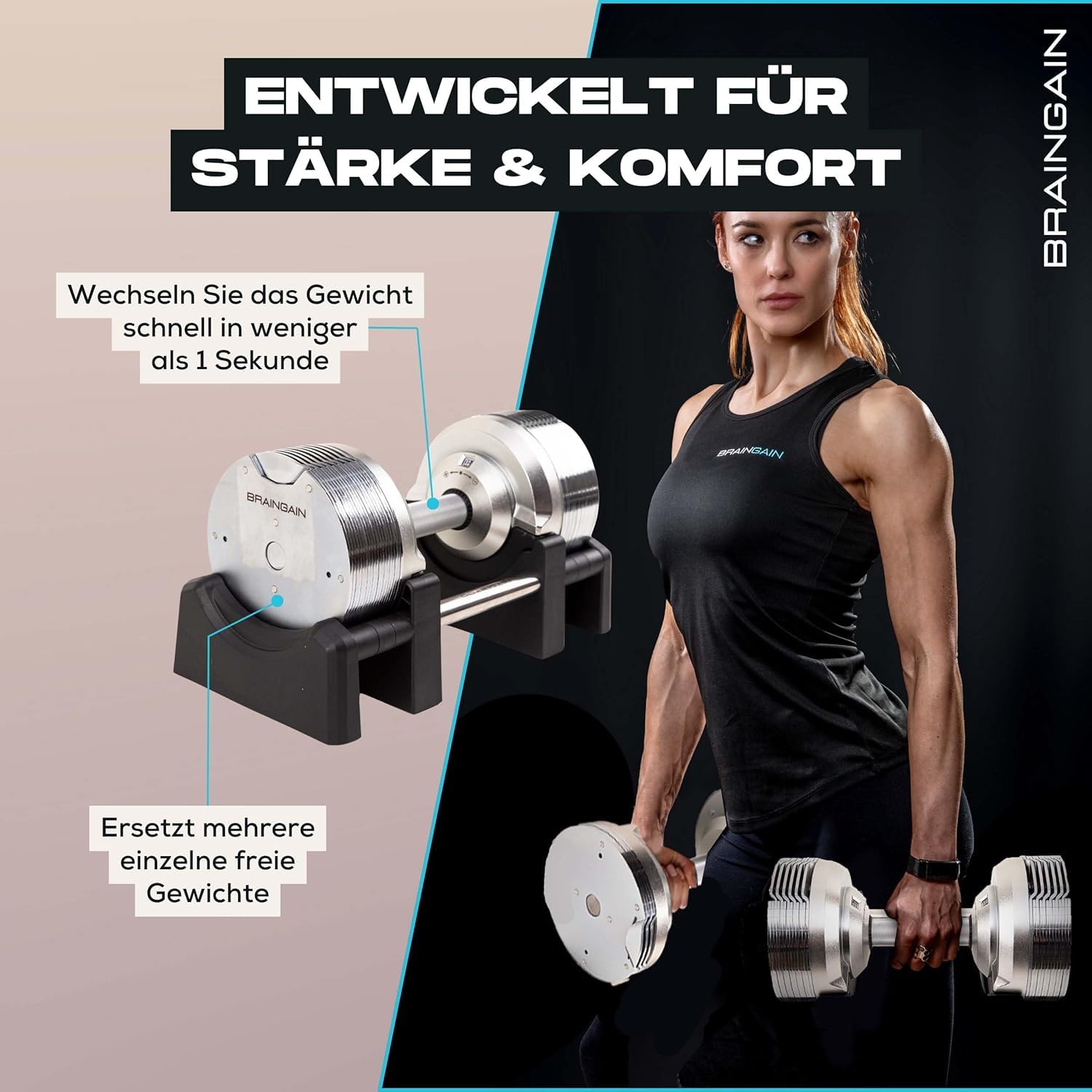 Mancuernas ajustables BRAINGAIN – 23,5 kg, 32,5 kg, 41,5 kg – Cromado – Mancuernas versátiles para el entrenamiento de fuerza en casa, con soporte.