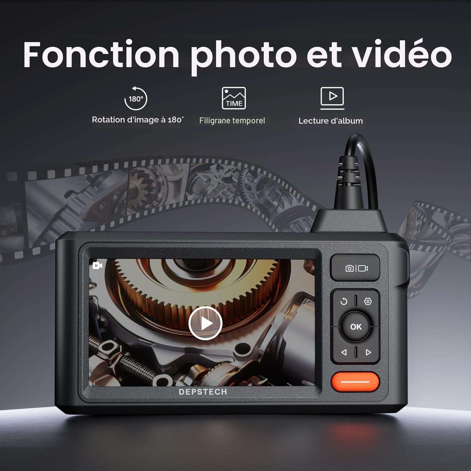 Endoscope DEPSTECH à Triple Lentille, Écran 5 Pouces, Câble Rigide 5 Mètres, Certification IP67, Camera Endoscopique Canalisation, Idéal pour l'Inspection Automobile, des Murs et des Conduits | Image nette 3 angles, 10 LED réglage, câble 5 m, avec crochet